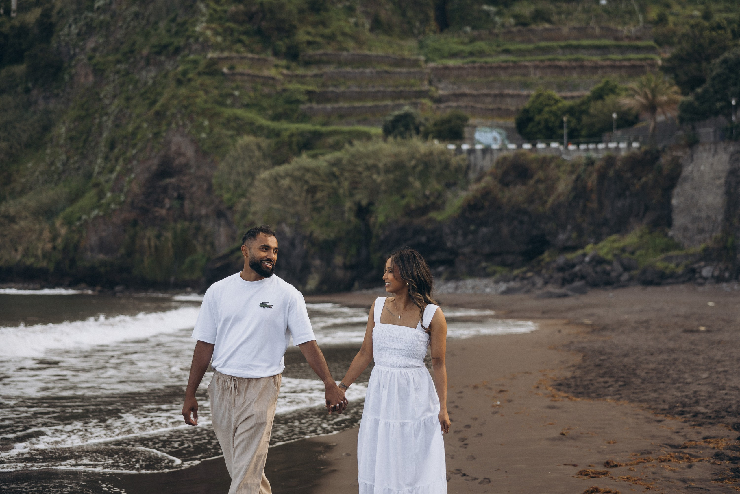 Proposal at Seixal Beach, Madeira – romantic engagement by the ocean, capturing intimate moments on the black sand shore