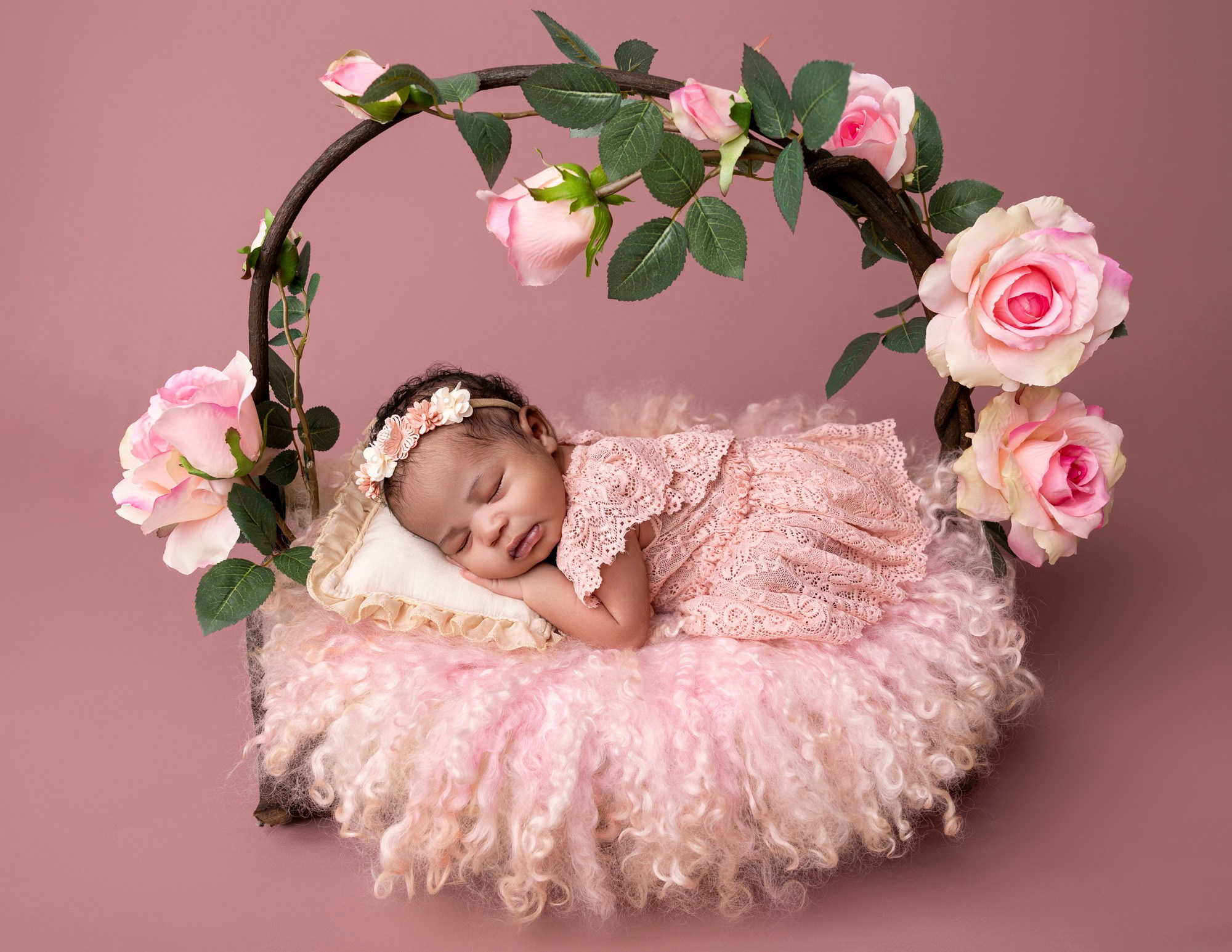 newborn and flower arch prop