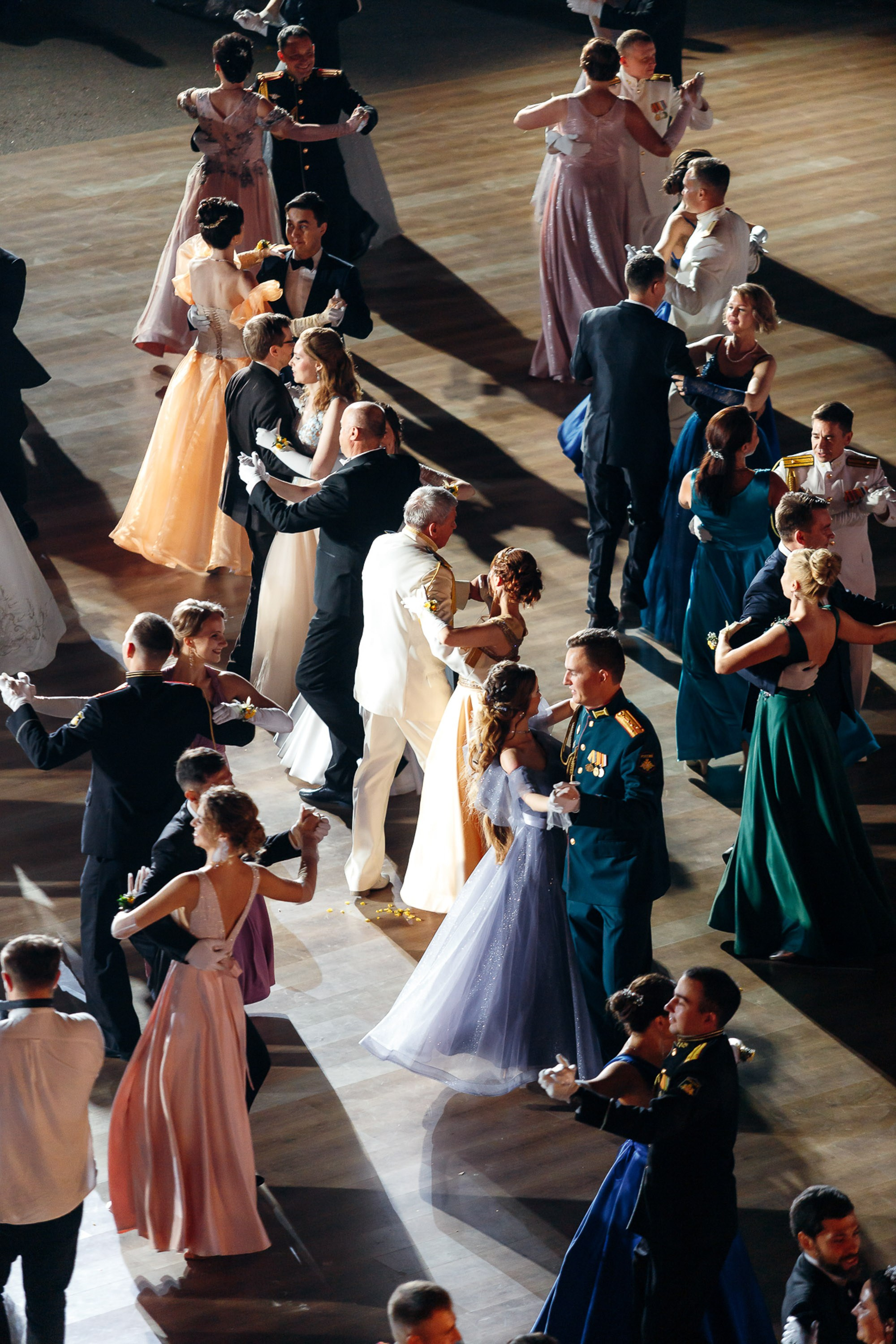 Guests dancing at wedding reception, overhead view