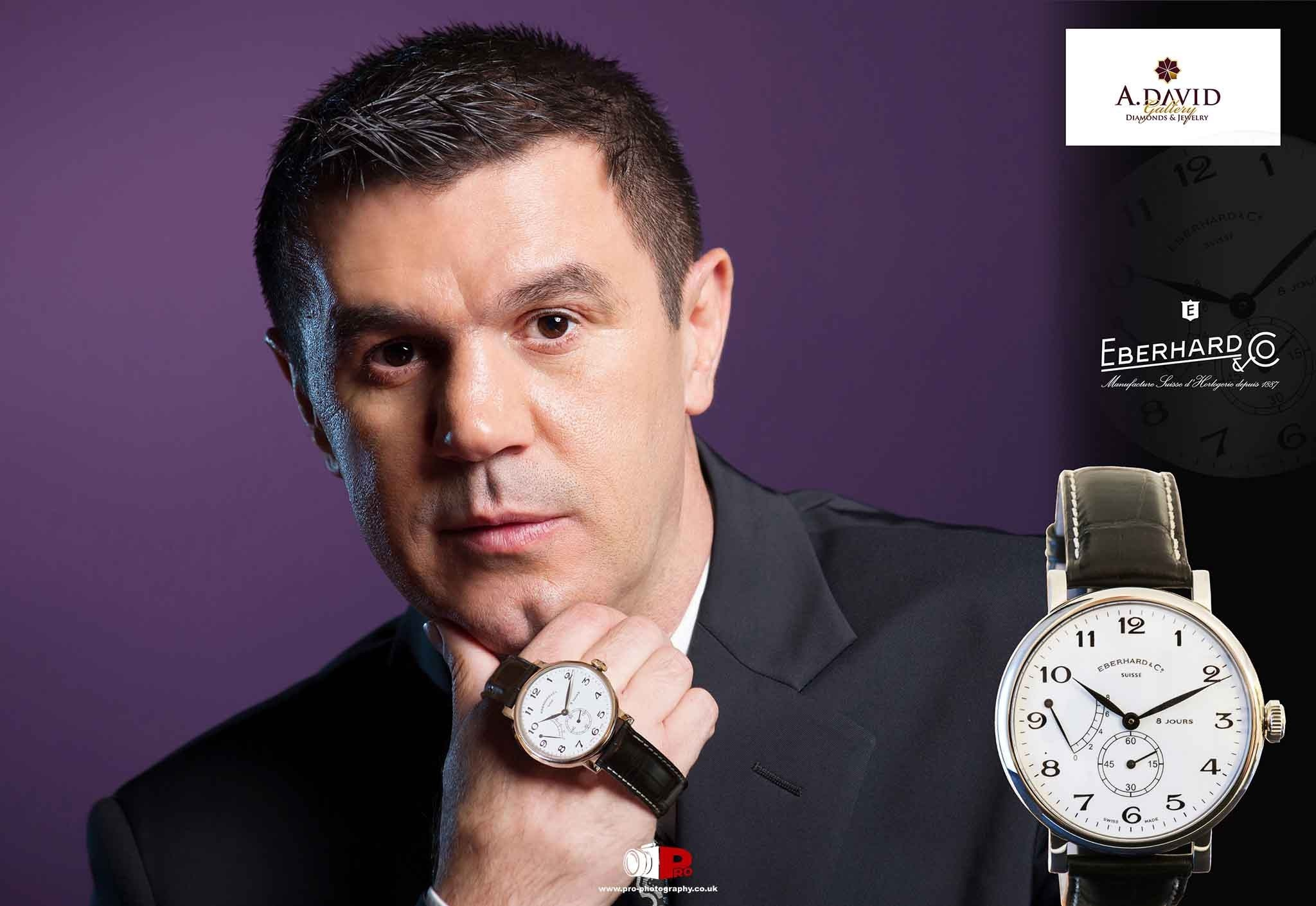 Commercial portrait of a man wearing an Eberhard wristwatch with product detail alongside.