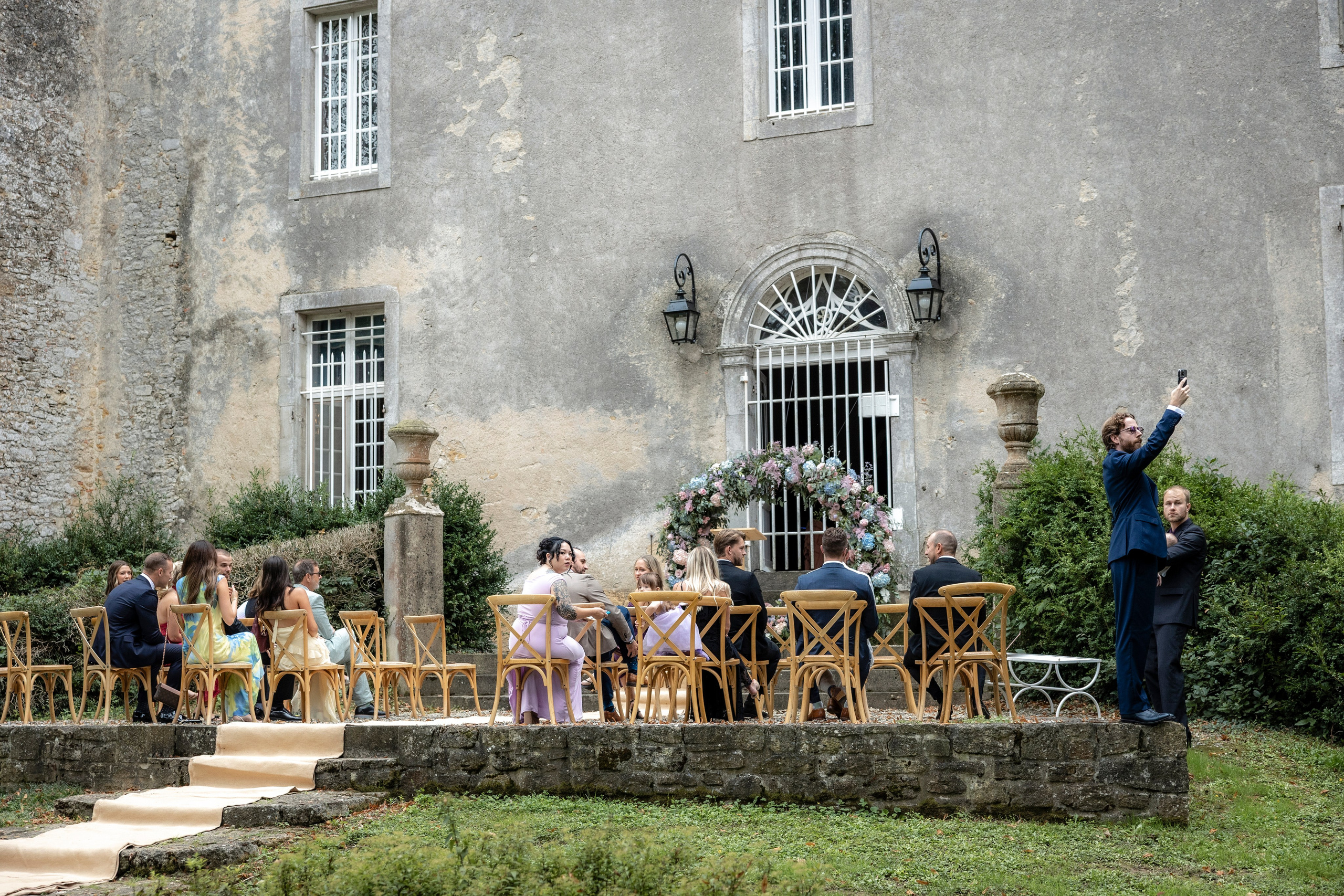 Small intimate wedding ceremony at historic château in Occitanie