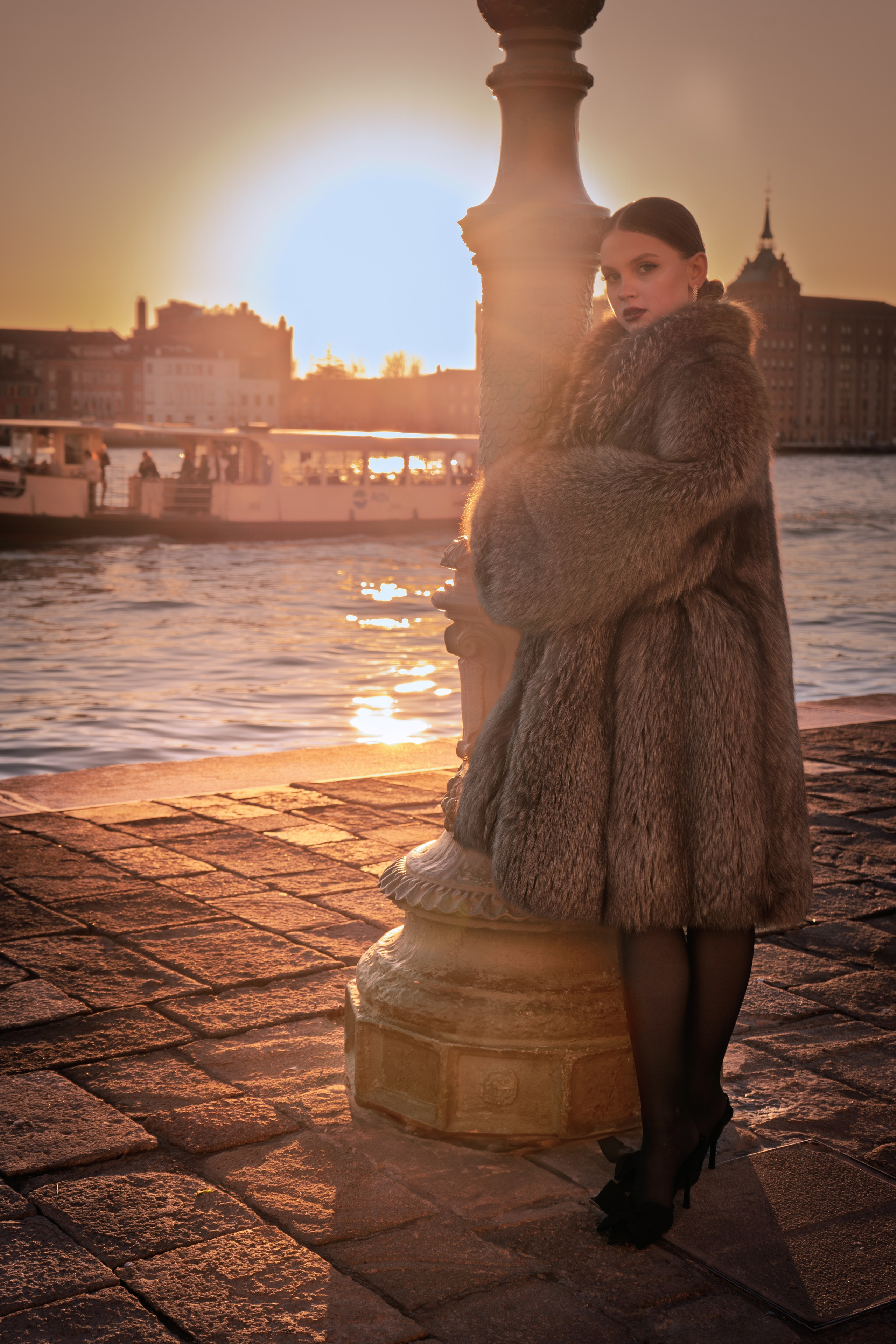 Branding photoshoot Venice for blogger in silk dress near Grand Canal