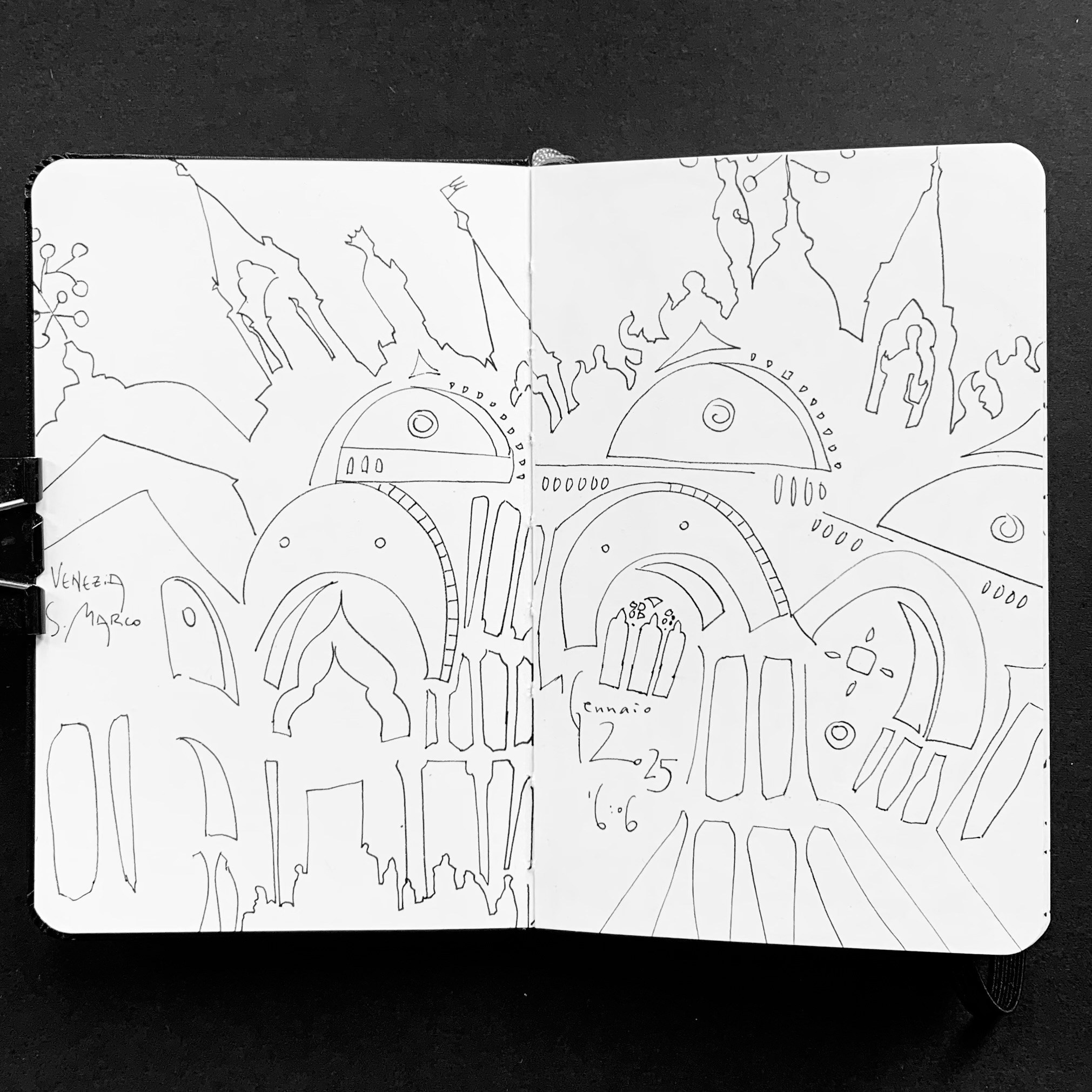 Moleskine notebook with hand-drawn sketches made in Venice, showcasing Nadia Kuprina’s exploration of drawing and the tactile experience of a personal sketchbook