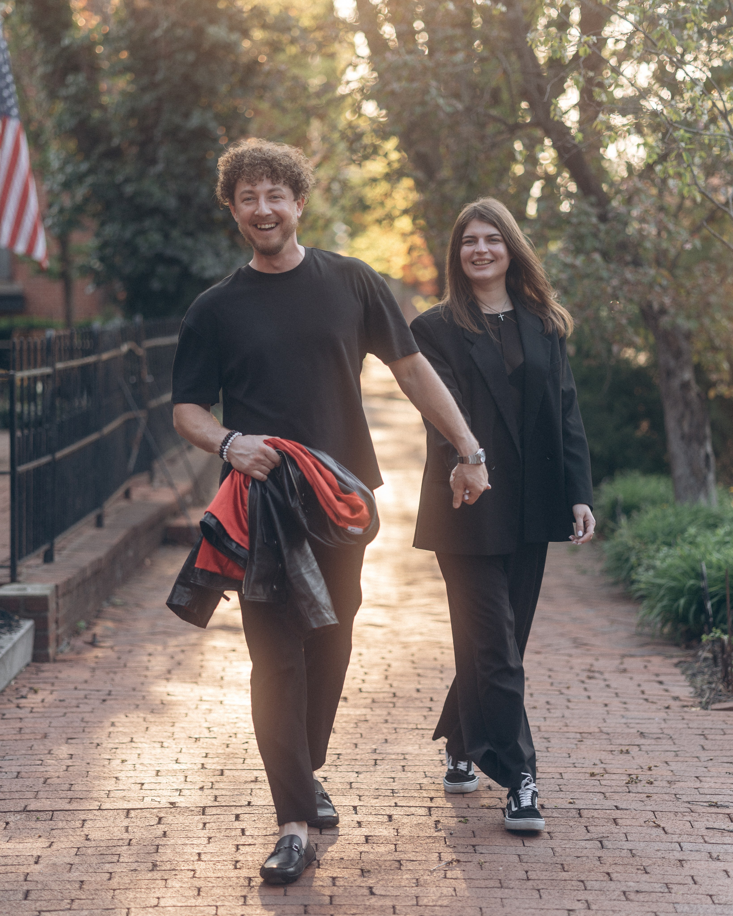 Golden-hour walk along a brick path in German Village, Columbus Ohio