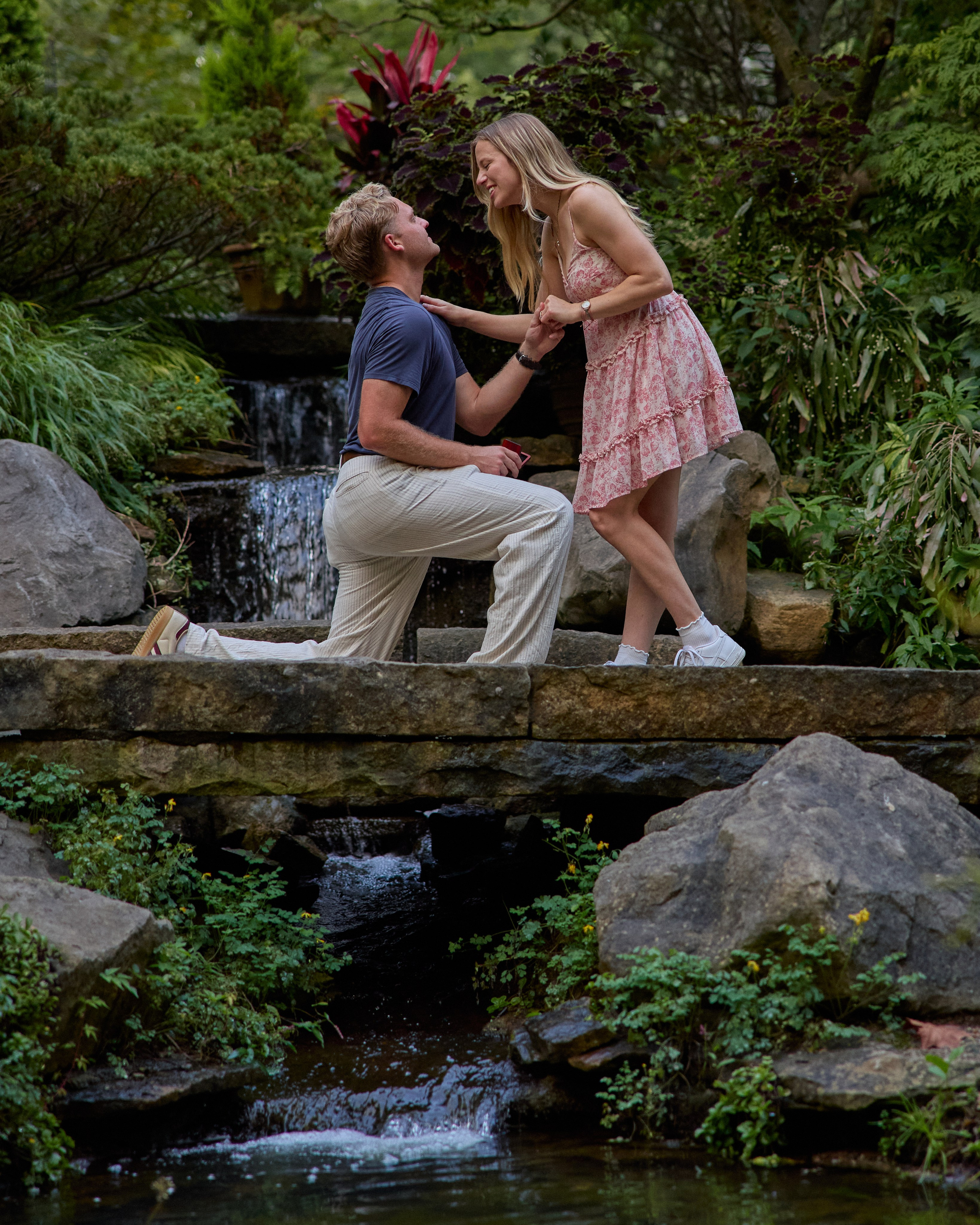 Marriage proposal by a waterfall in a Columbus, Ohio garden