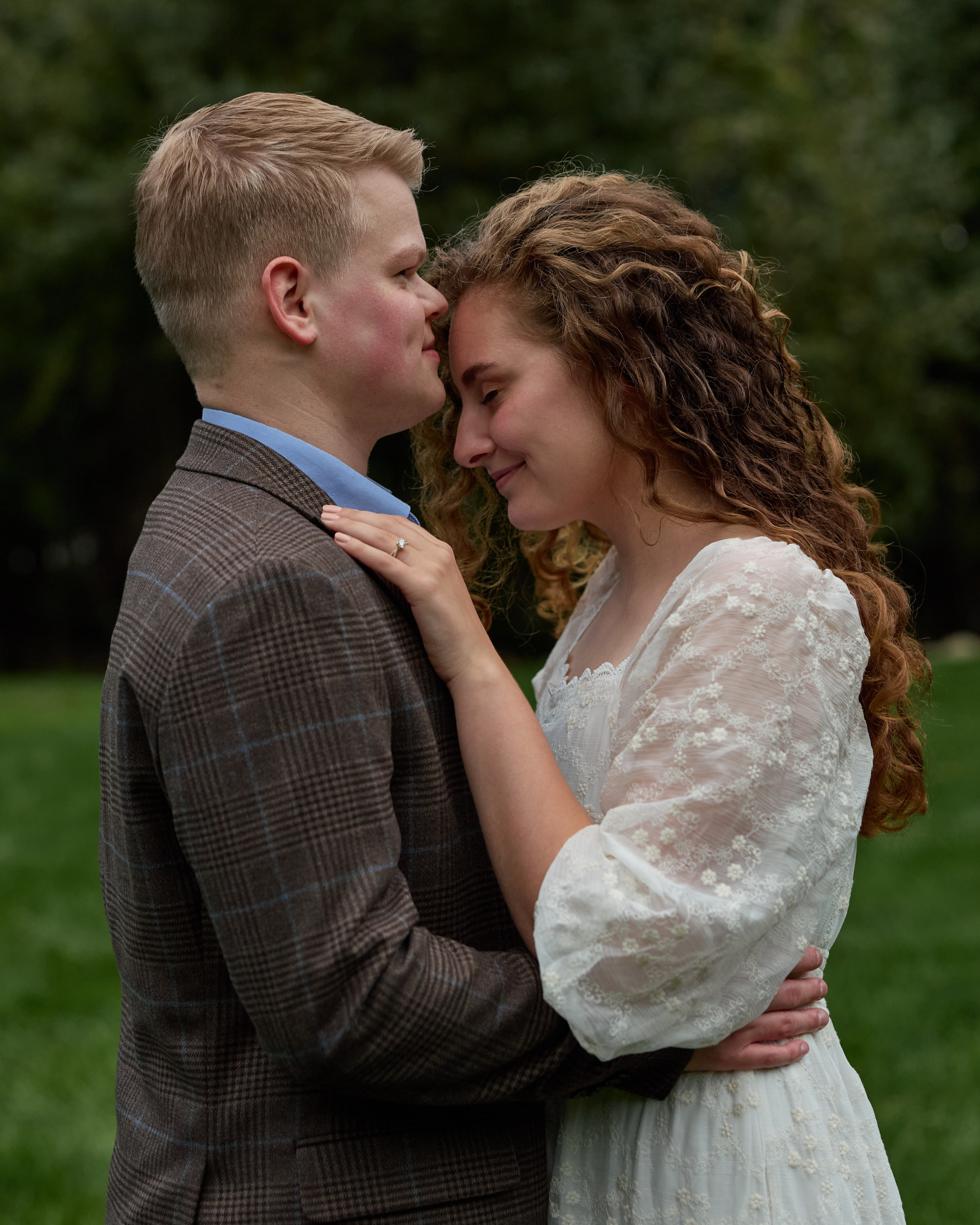 Tender near-kiss during a romantic engagement shoot near Columbus, Ohio
