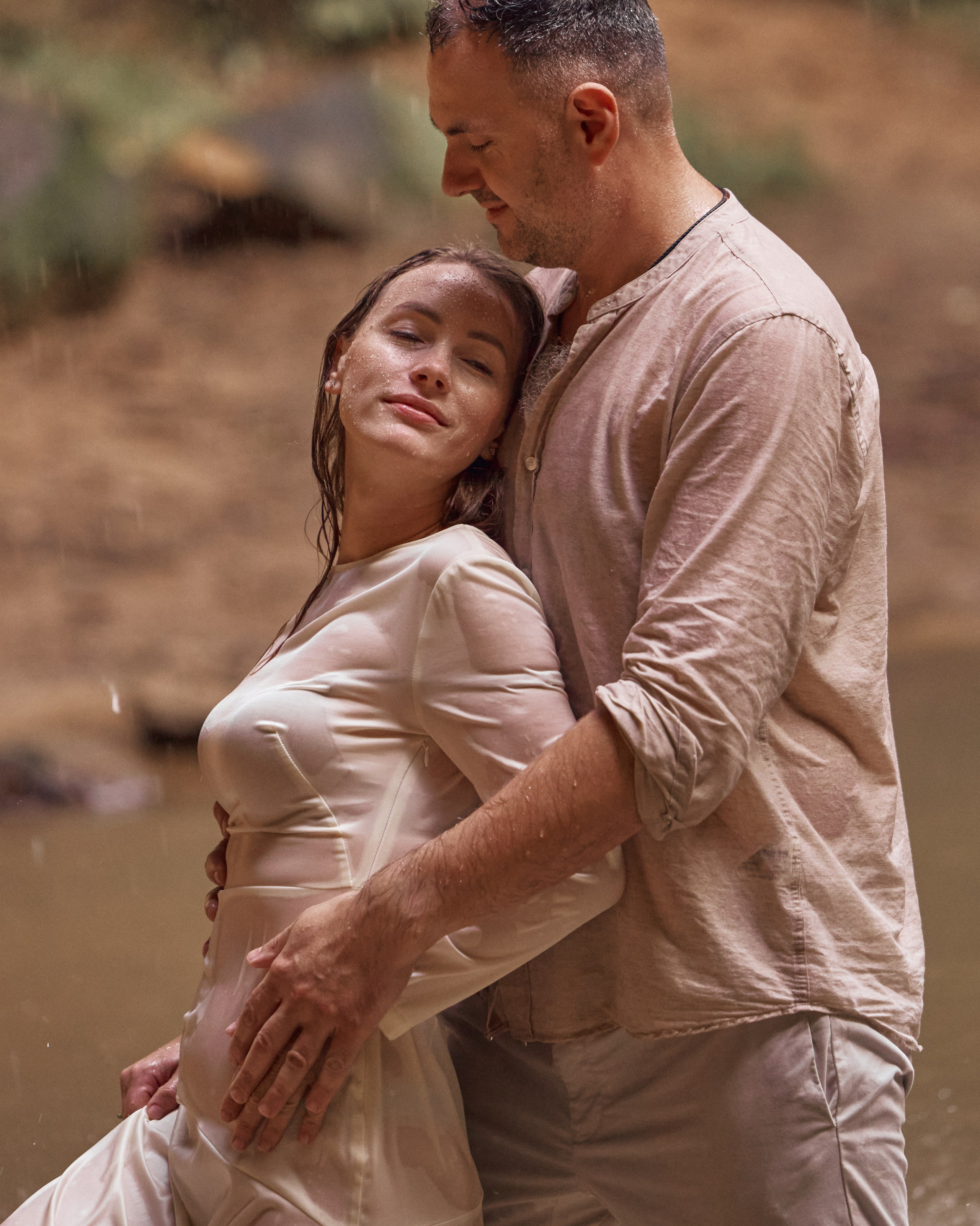 Soft embrace with wet hair after wading at Ash Cave, Ohio