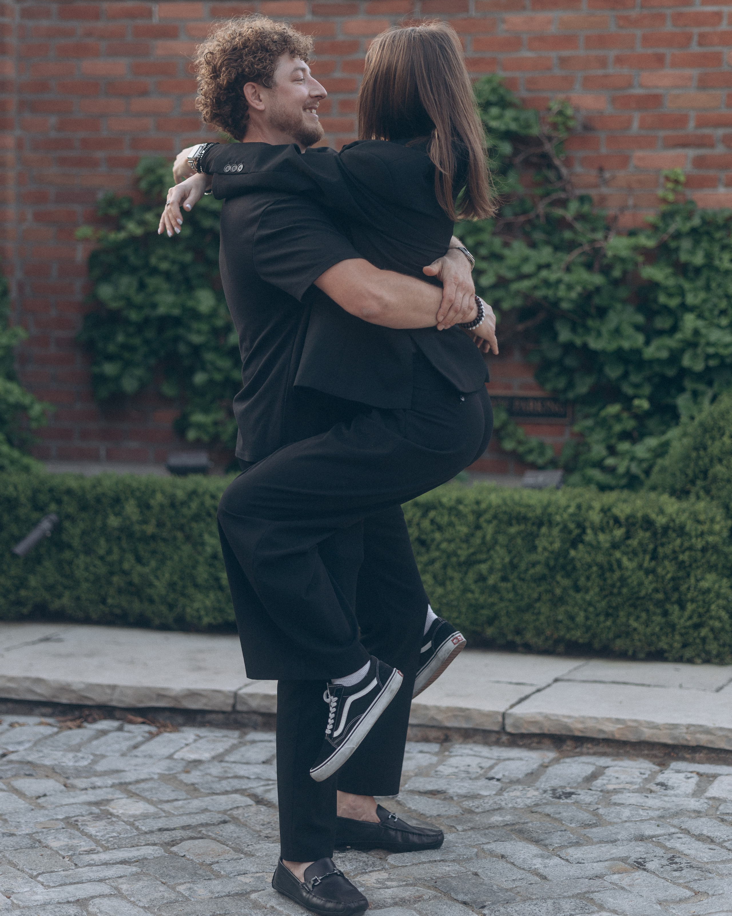 Playful lift on a cobblestone street in German Village, Columbus Ohio