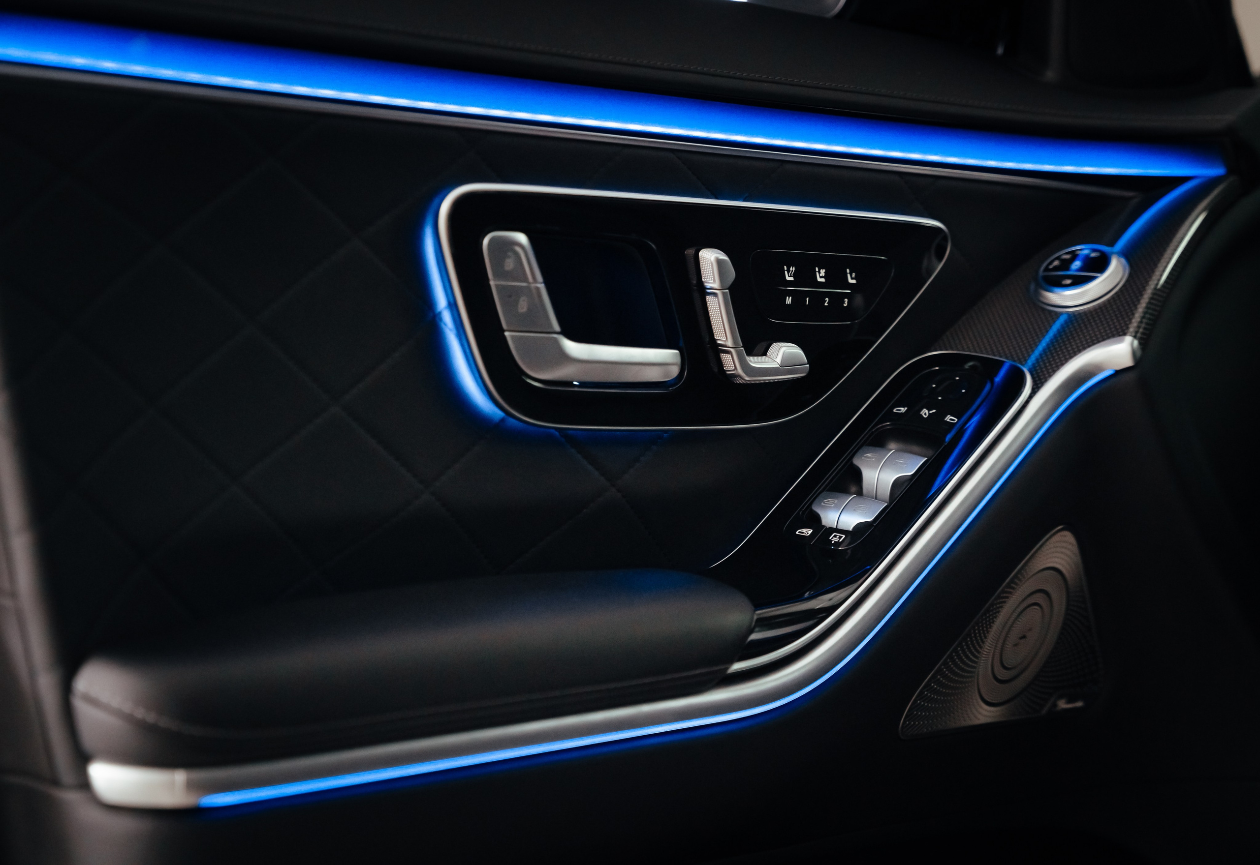 mercedes door function menu with neon light and carbon coating