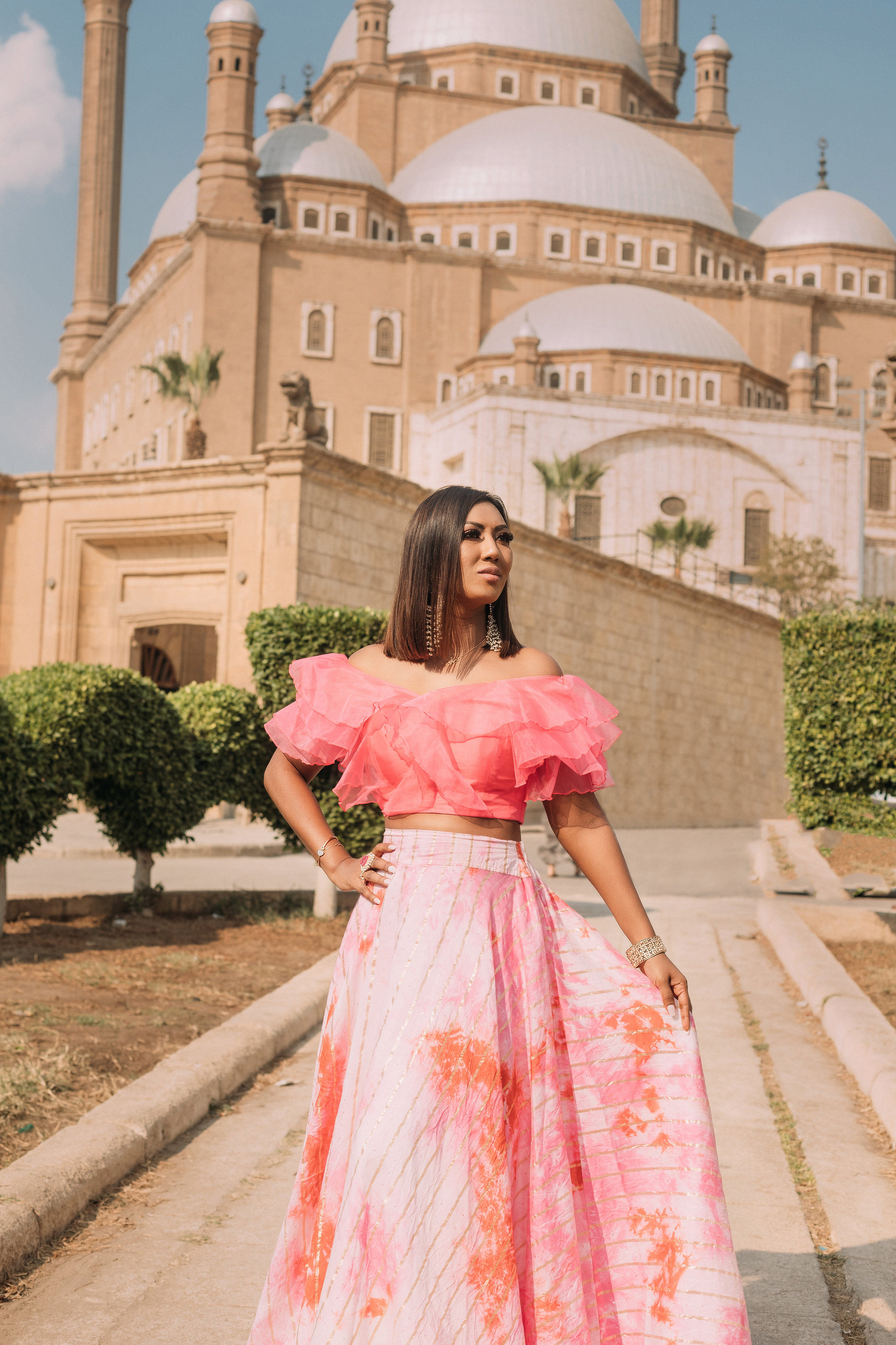индийская девушка в розовом платье на фоне каирской цитадели