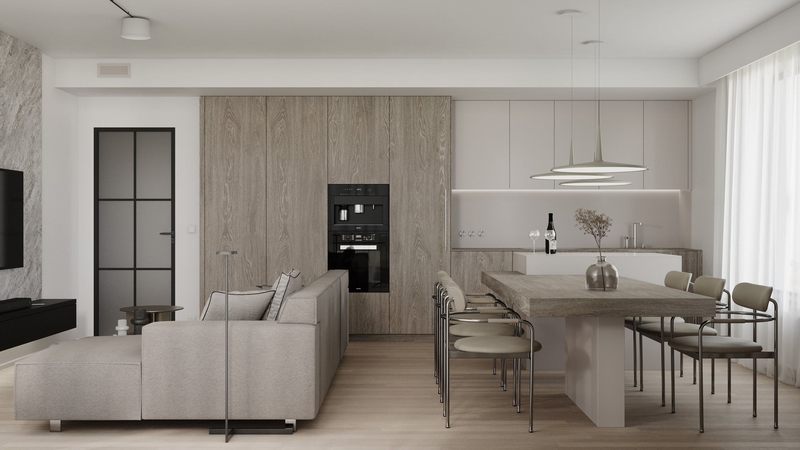 Obývací pokoj s jídelnou a kuchyní. Filipenka architects