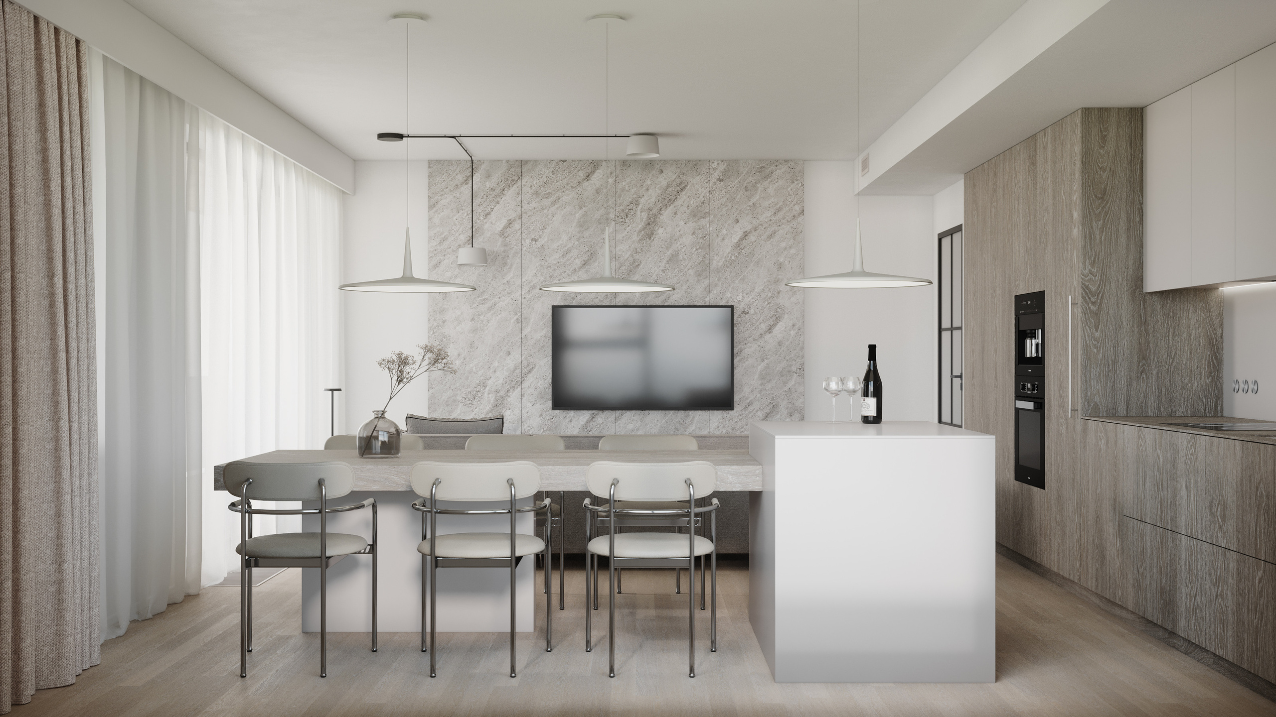 Obývací pokoj s jídelnou a kuchyní. Filipenka architects