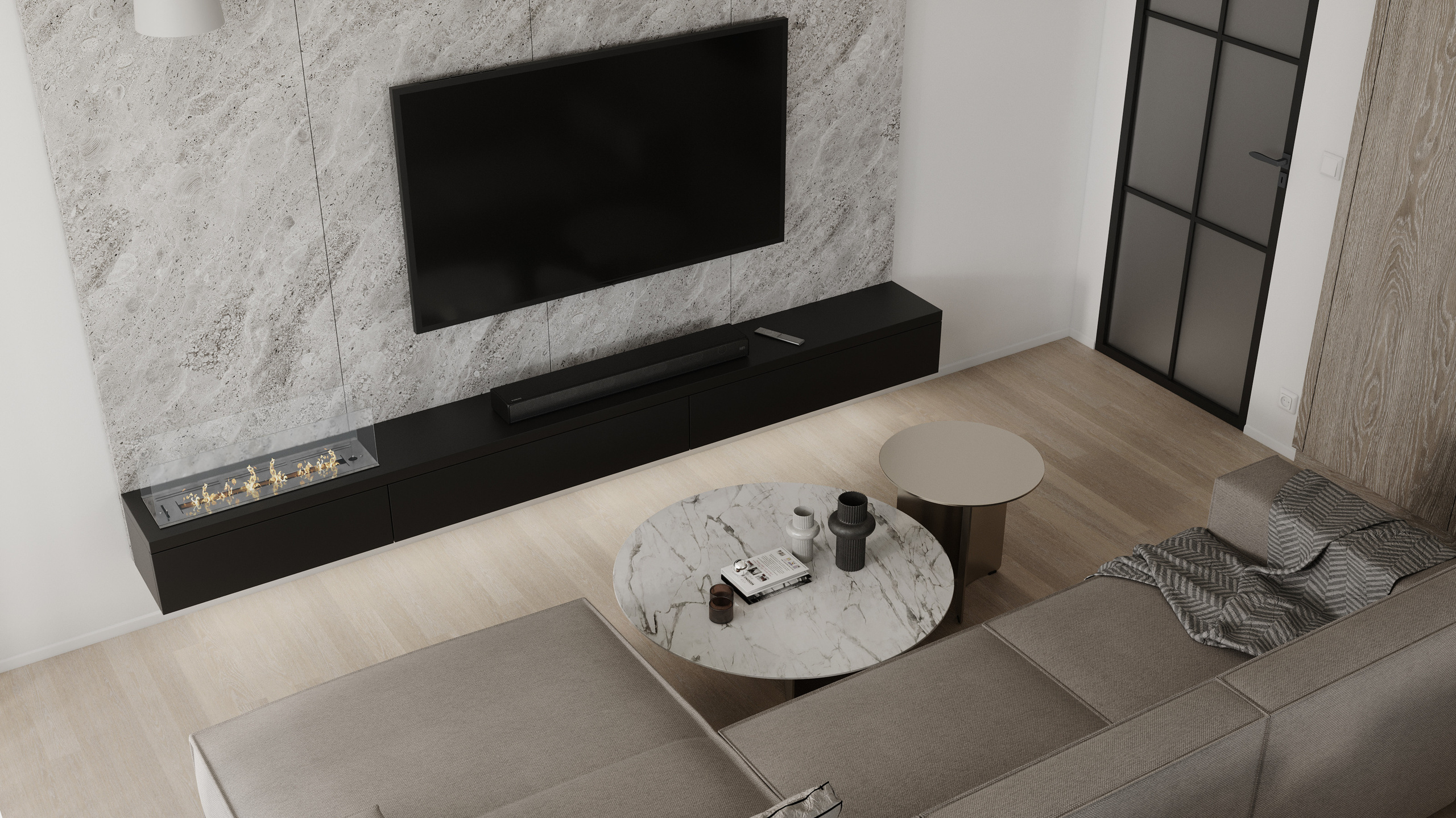 Obývací pokoj s jídelnou a kuchyní. Filipenka architects