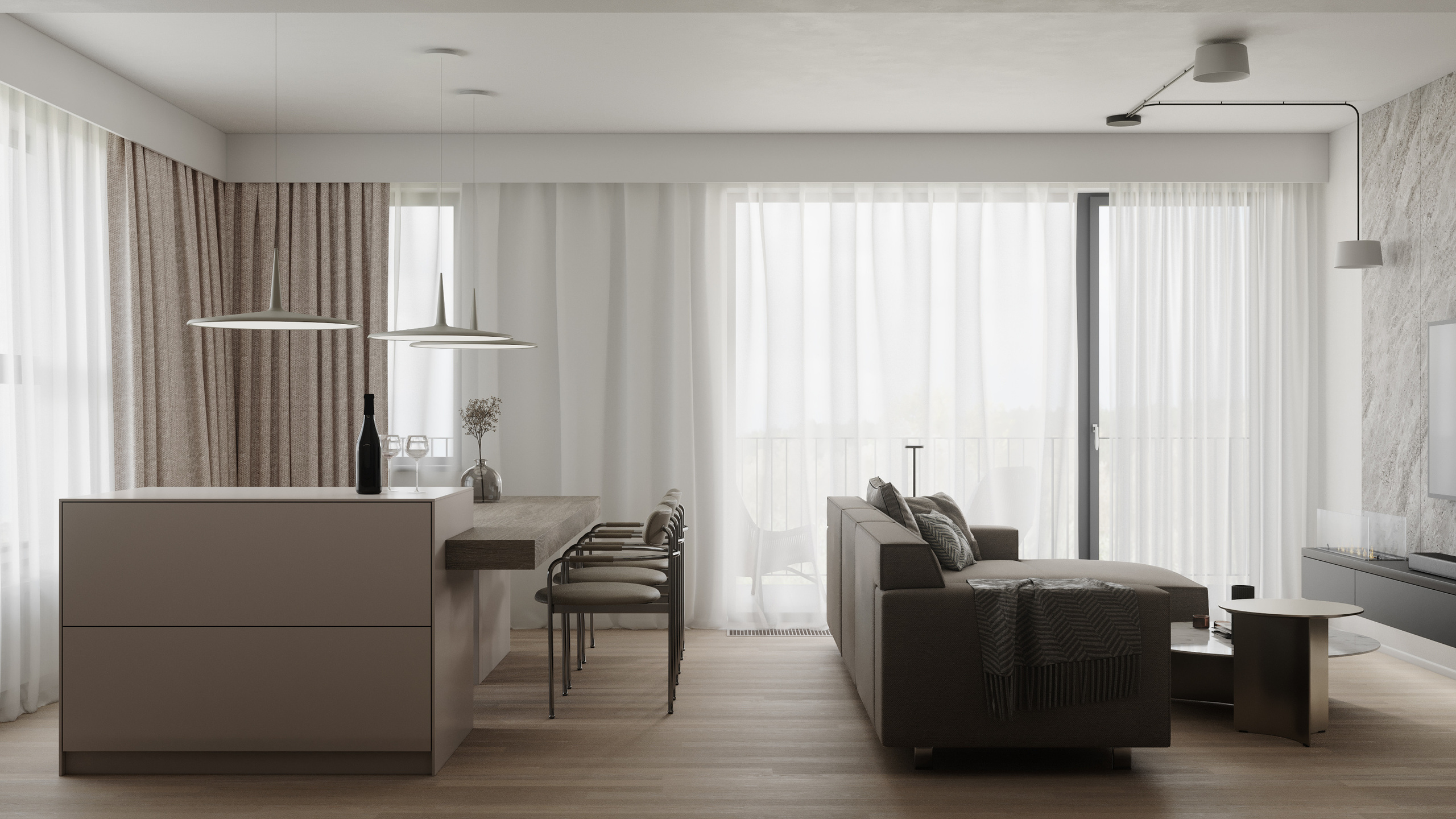 Obývací pokoj s jídelnou a kuchyní. Filipenka architects