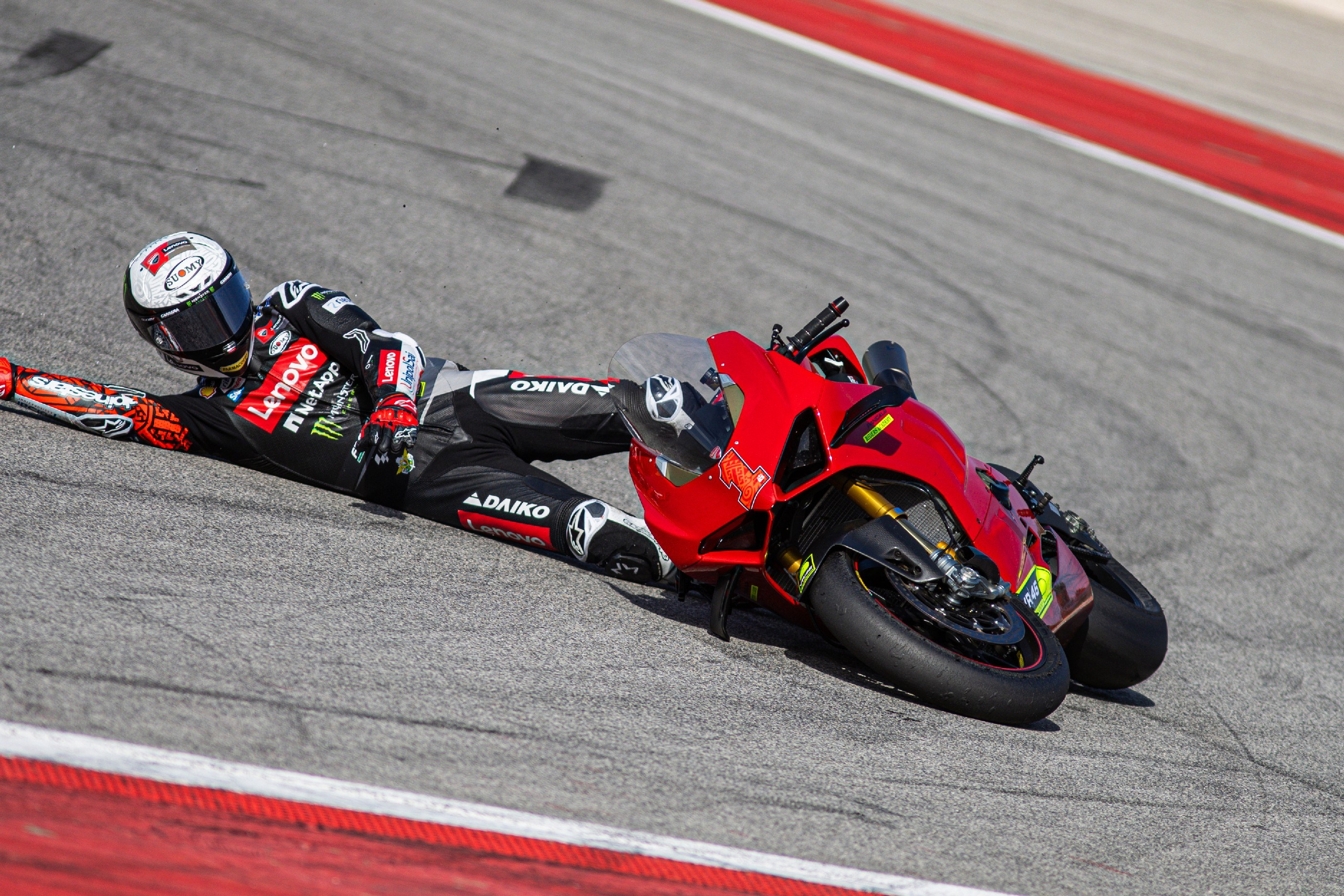 Francesco Bagnaia MotoGP rider crashing at turn 3 Autodromo Internacional do Algarve AIA during a WorldSBK private test in Portimão