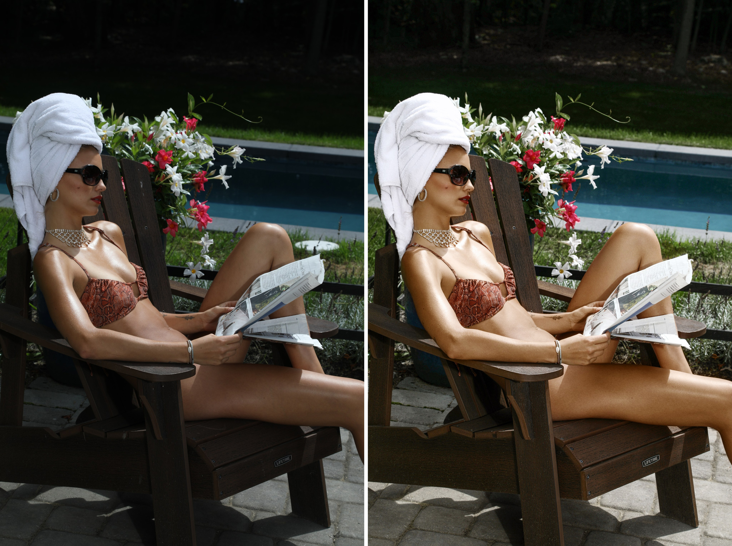 High-End Fashion retouching photos in the pool in swimsuit. Professional services from Retoucher Olha Kompaniiets