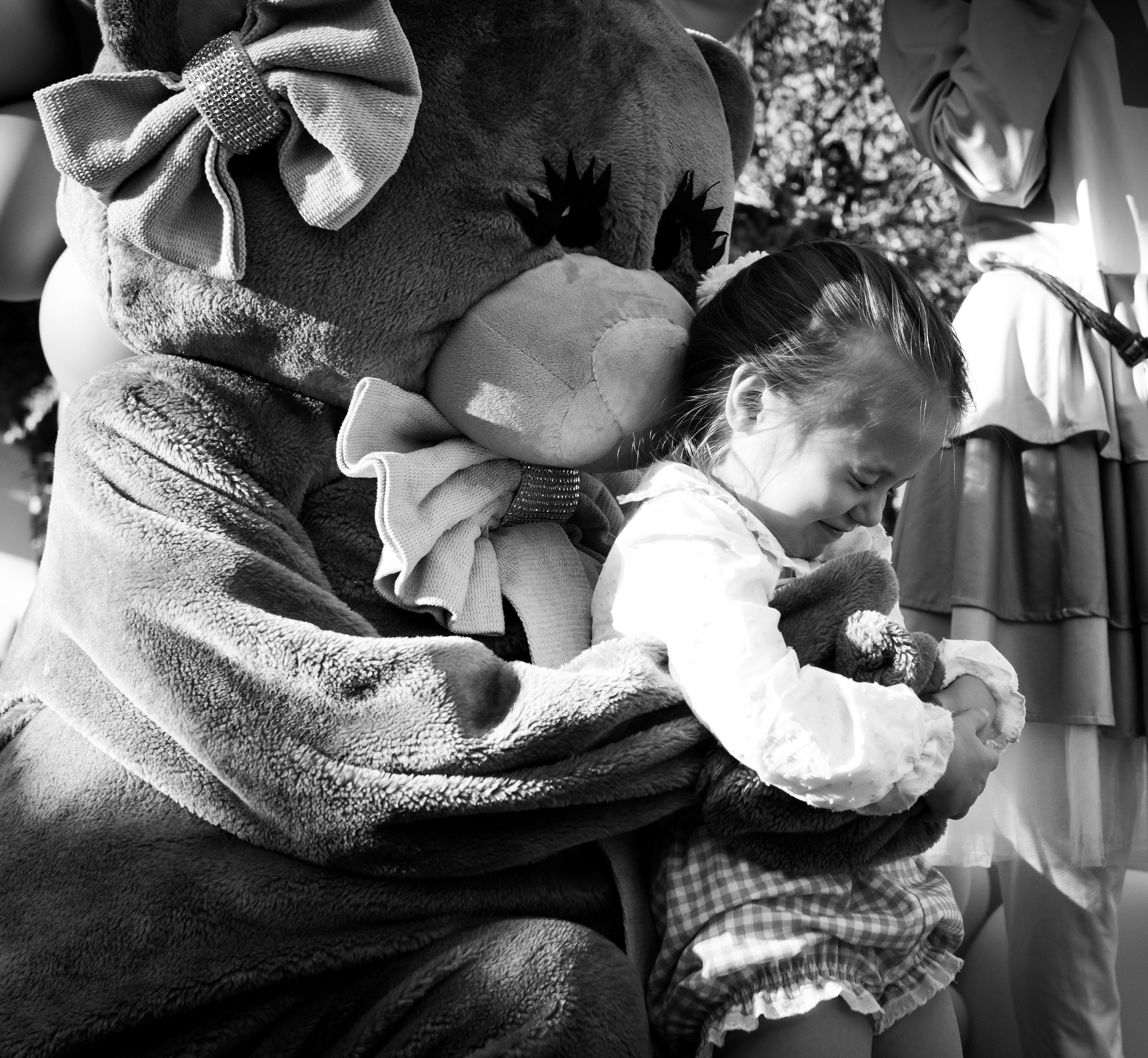 crno-bela fotografija zagrljaja plišane igračke