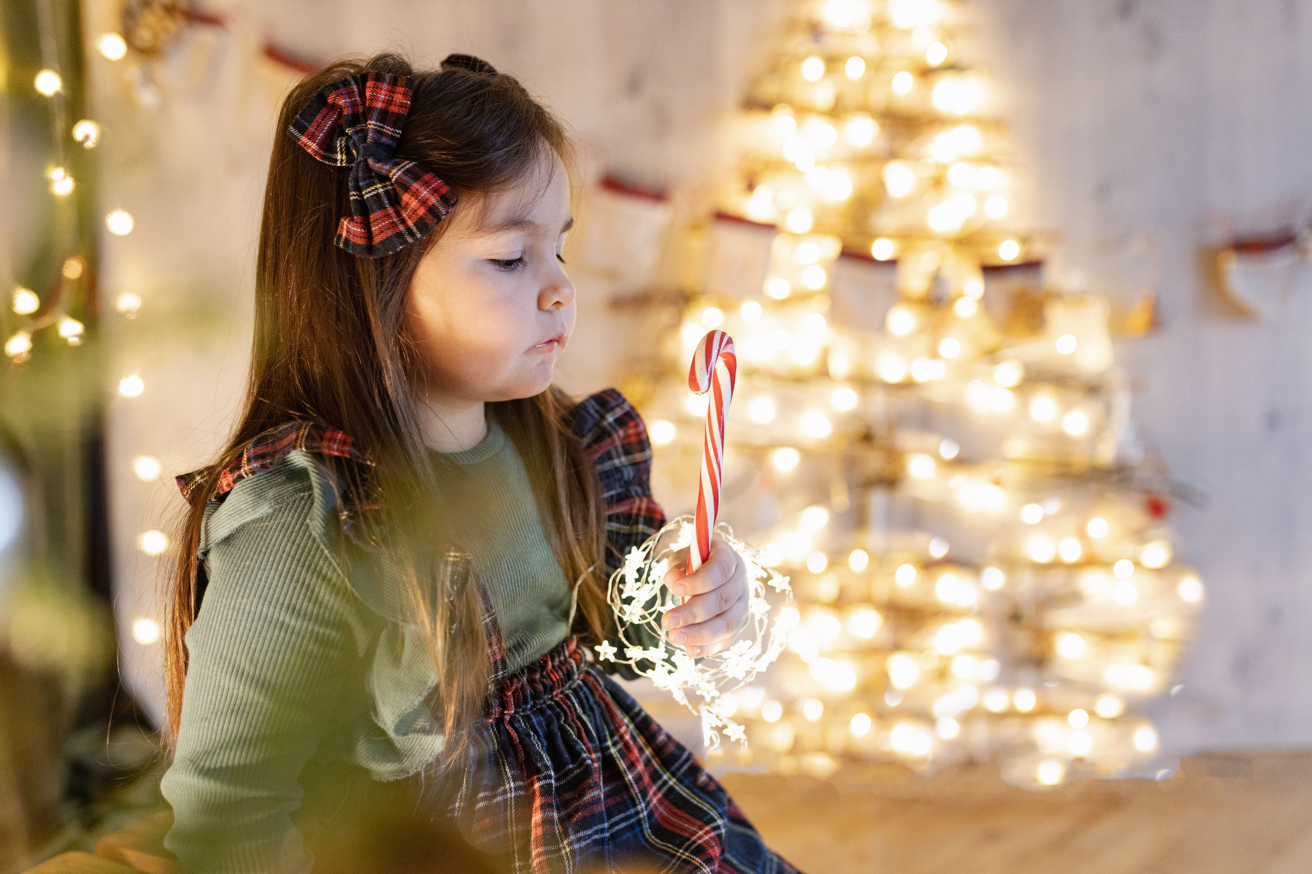 Zimski novogodišnji portret sa božićnim drvcem