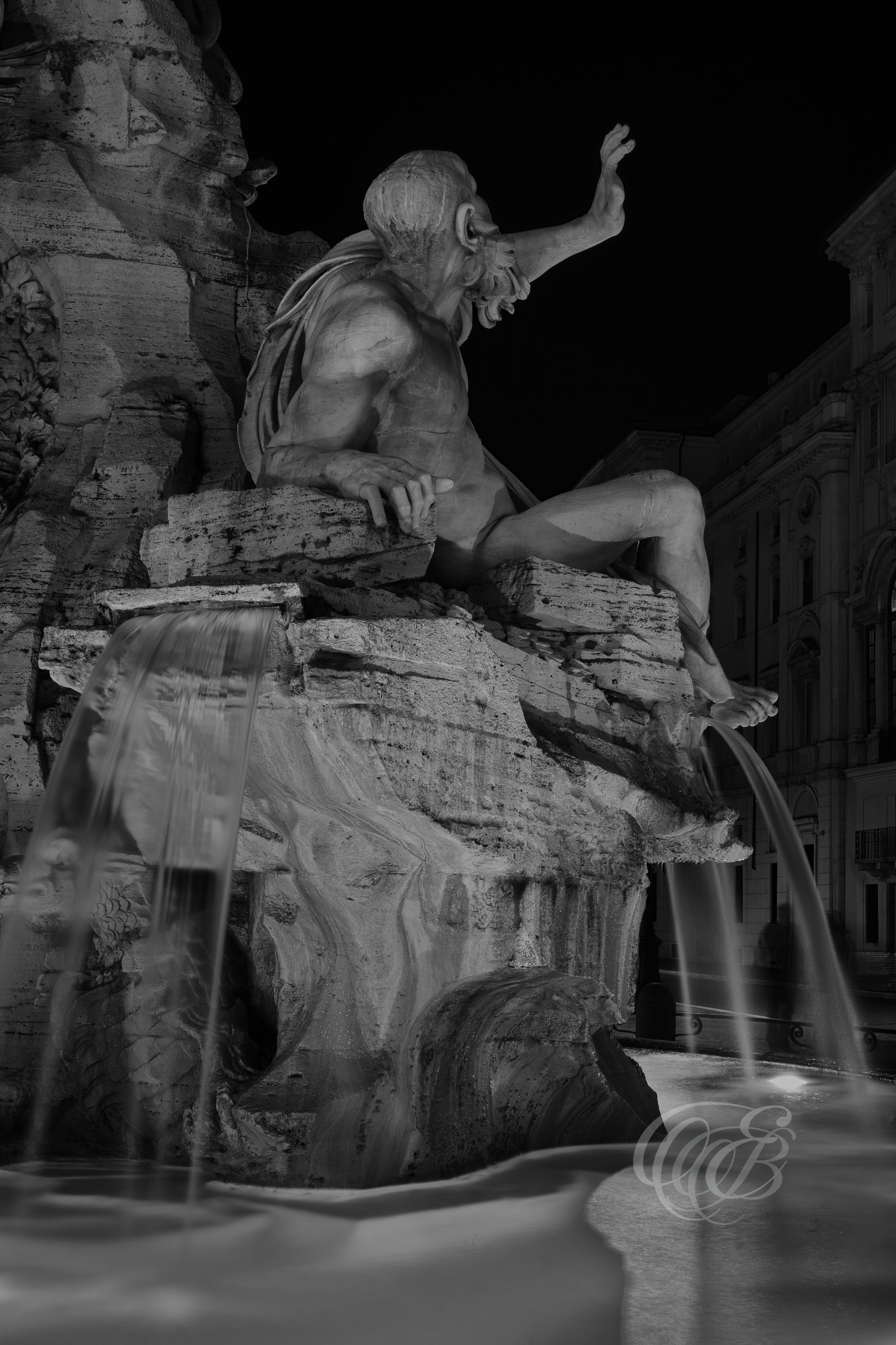 Rome Italy - The Fountain of the Four Rivers - B&W - Eduardo Bartoli Photography - Digital black and white photograph of the Fontana dei Quattro Fiumi in Piazza Navona, Rome, Italy, designed by Gian Lorenzo Bernini in 1651, representing the Nile, Danube, Ganges, and Río de la Plata – photography by Eduardo Bartoli.