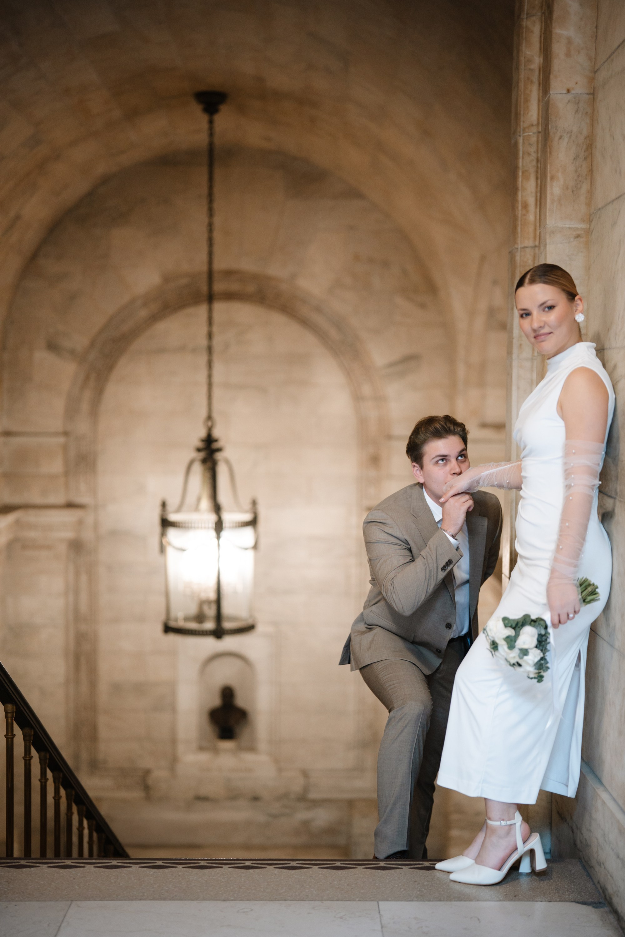 Wedding photo session at the Public Library NY. Portrait and wedding photographer in New York
