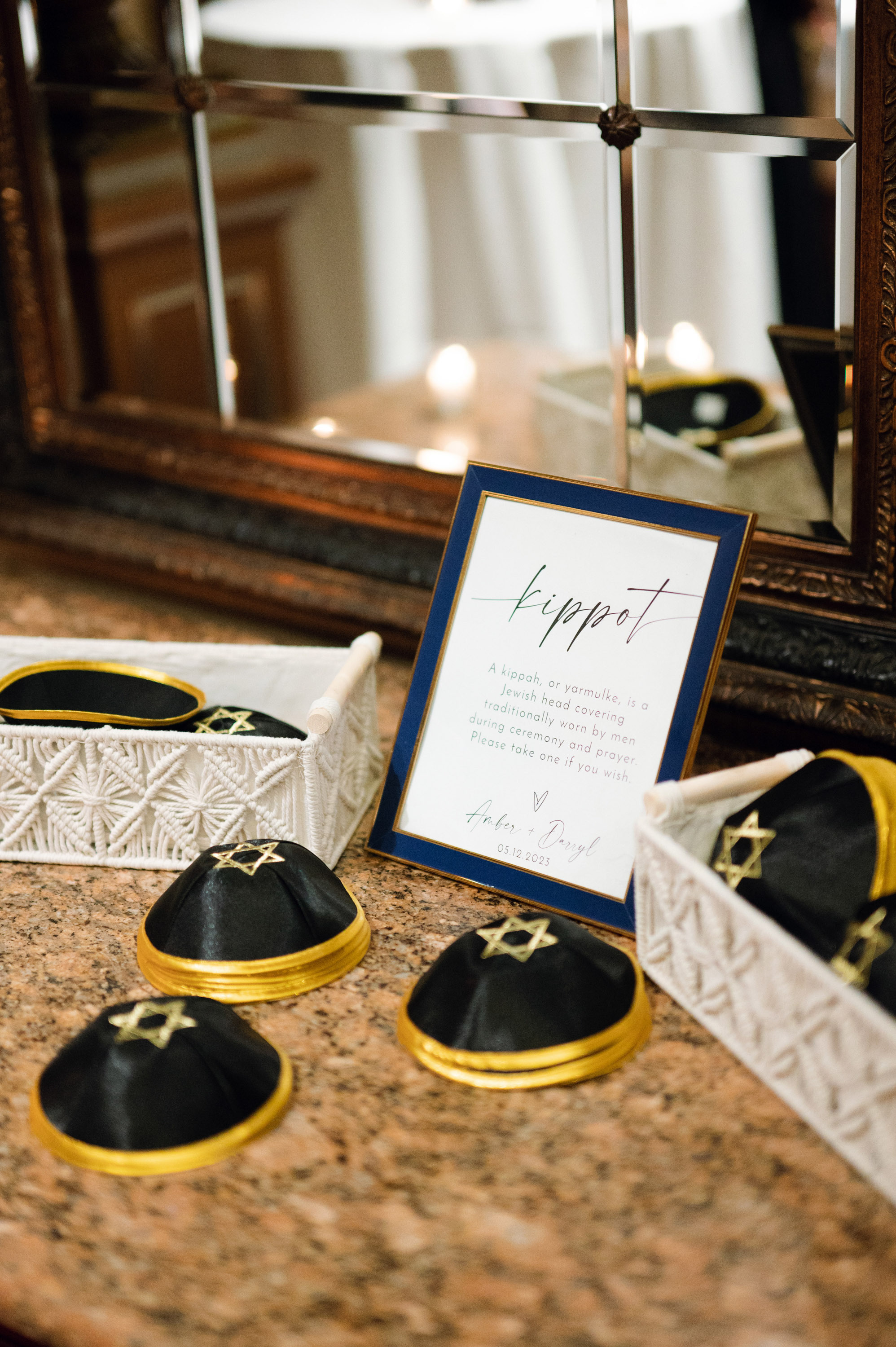 a table with a mirror and a card