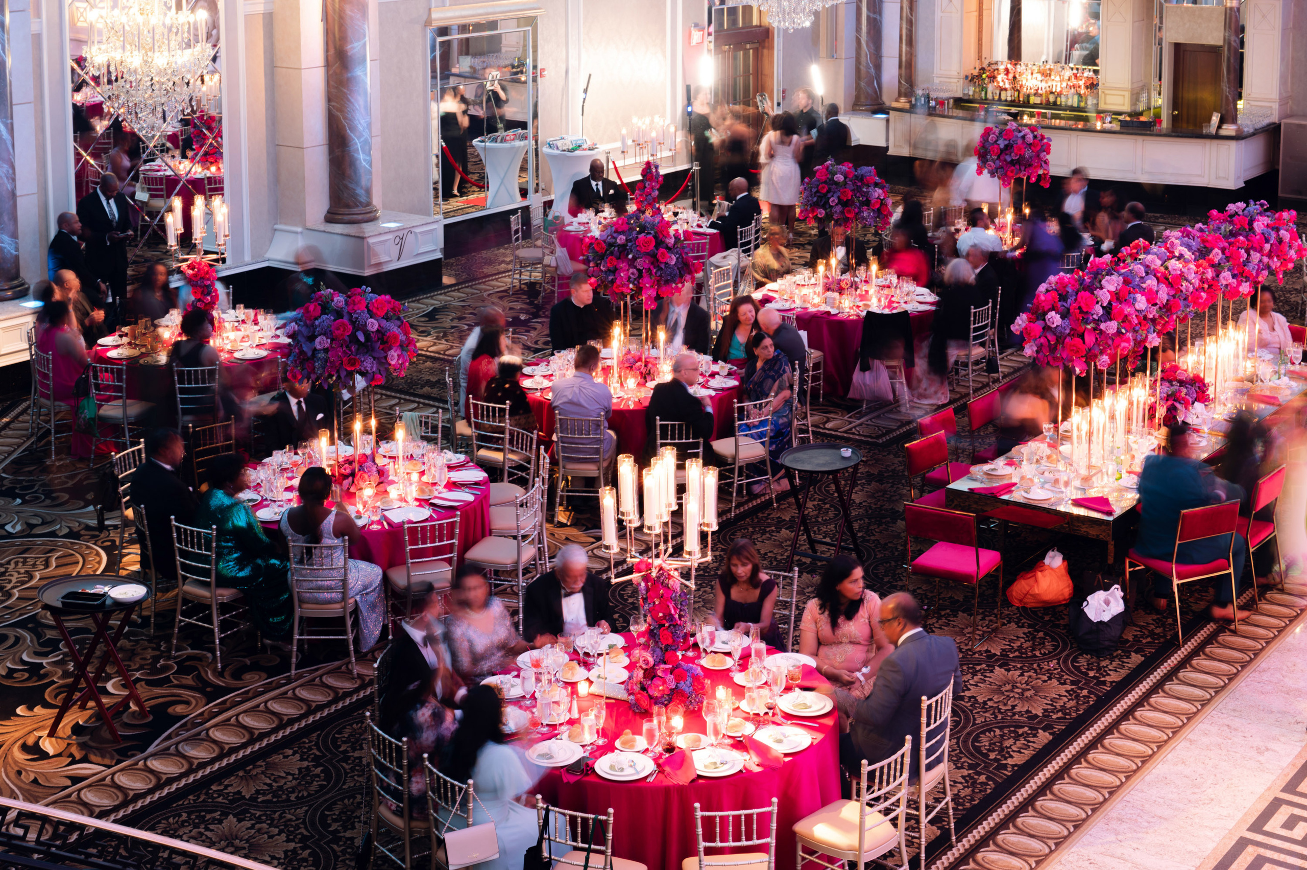 a large room with tables and chairs