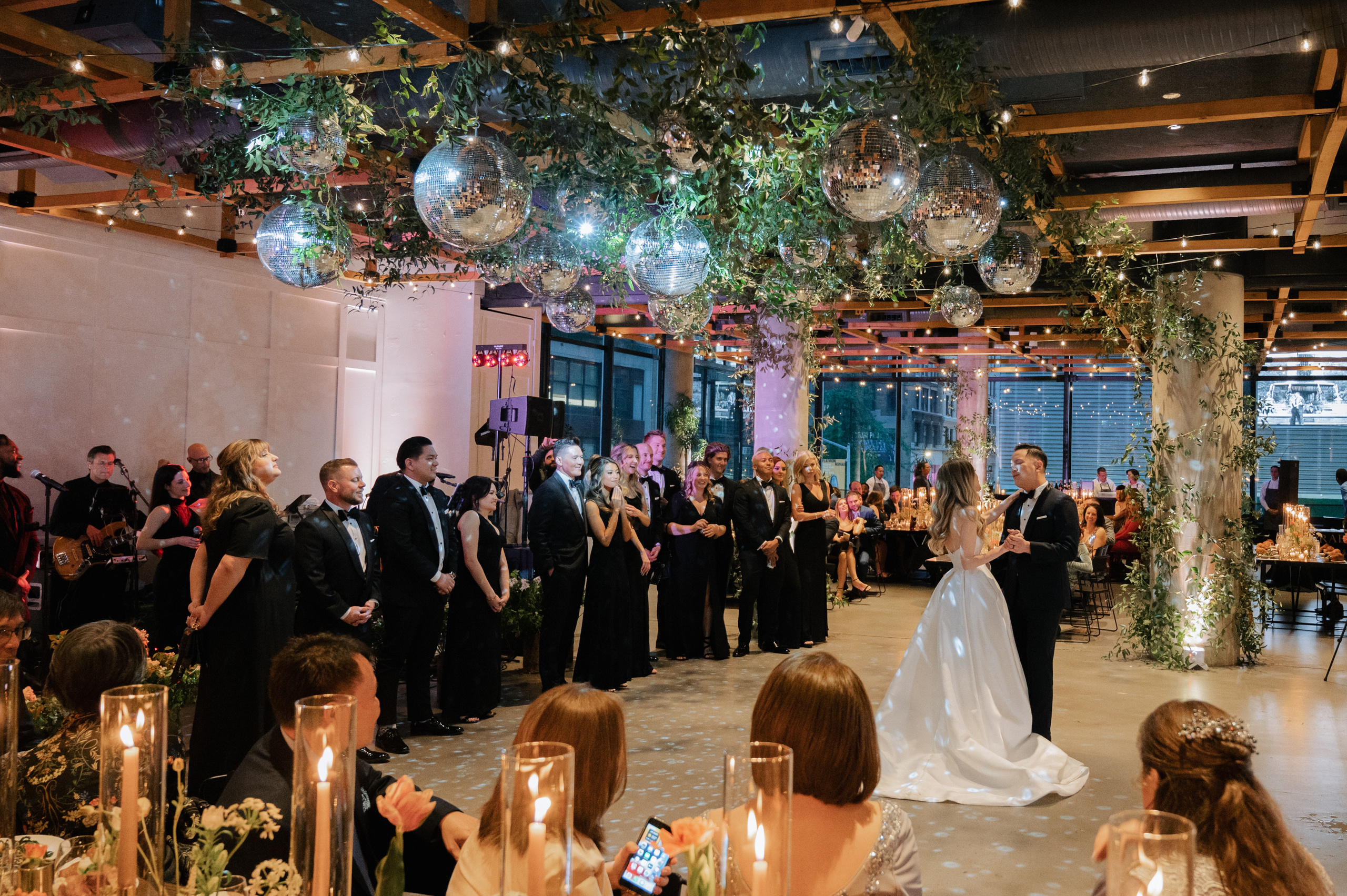 a wedding party with a bride and groom