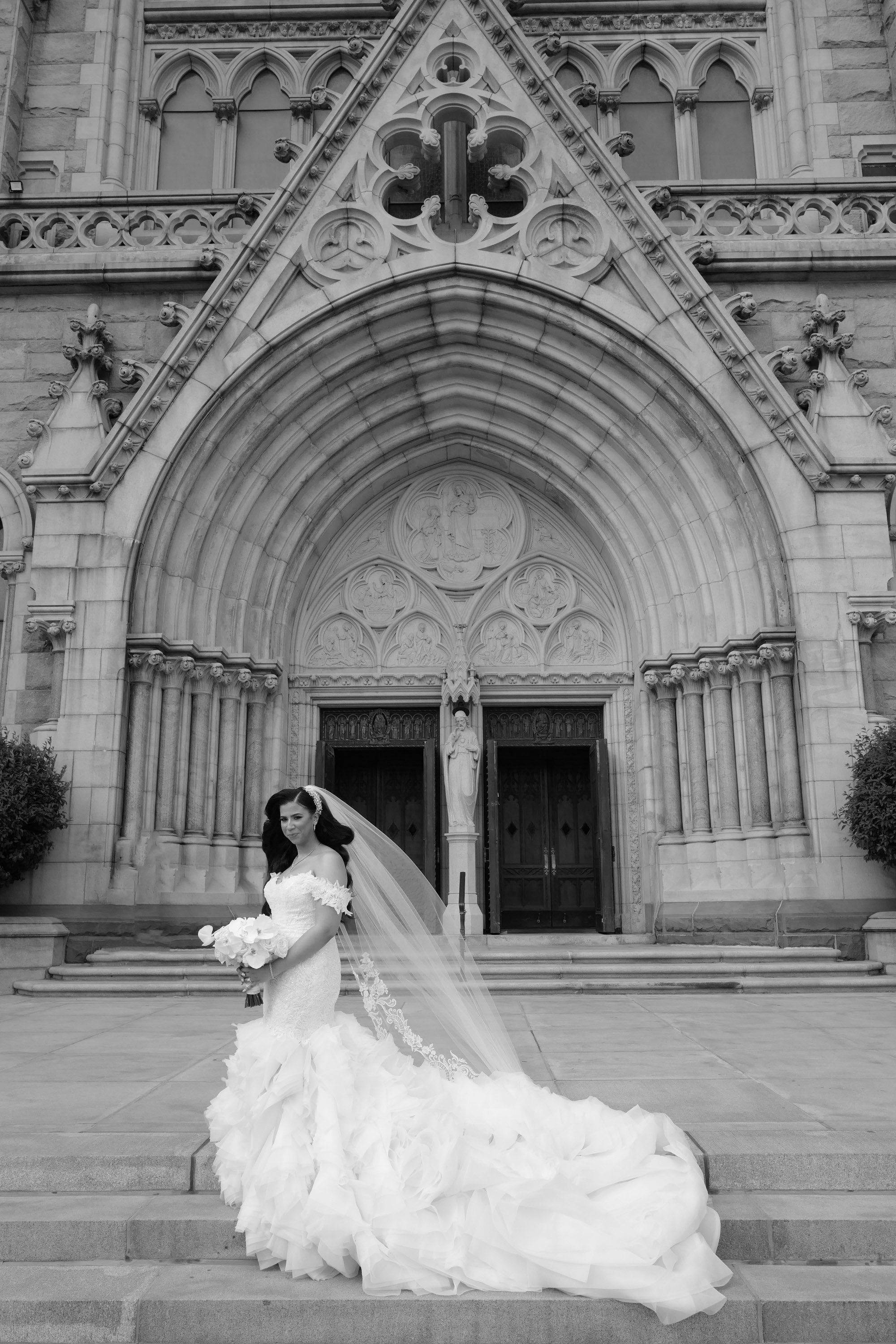 a bride in front of a church