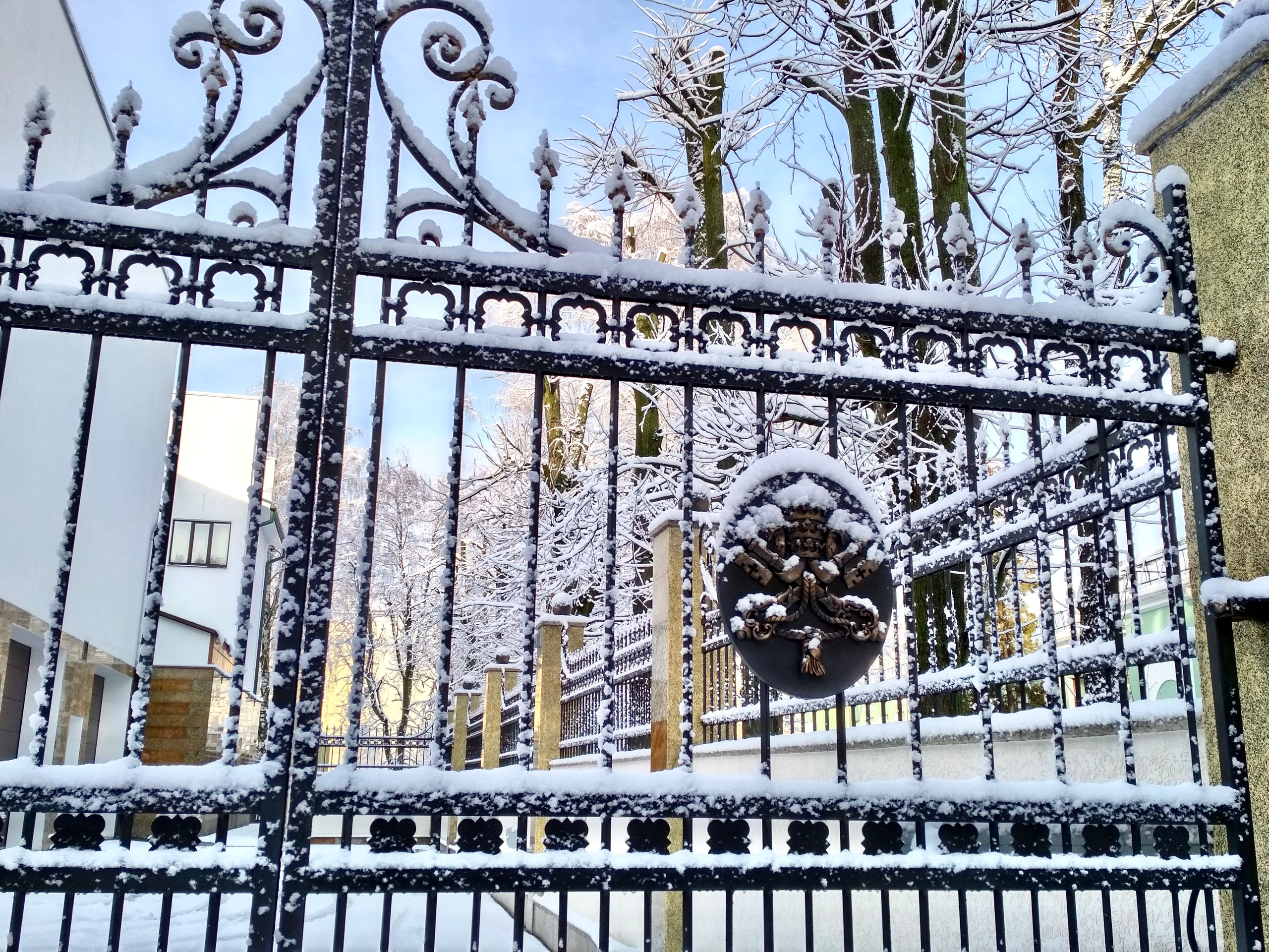 В Апостольской Нунциатуре в Республике Беларусь (Посольство Святого Престола, Ватикан). Ворота, калитка.  2017-2021. Сталь, худож. ковка, лазерная резка, сварка, компазитные материалы.