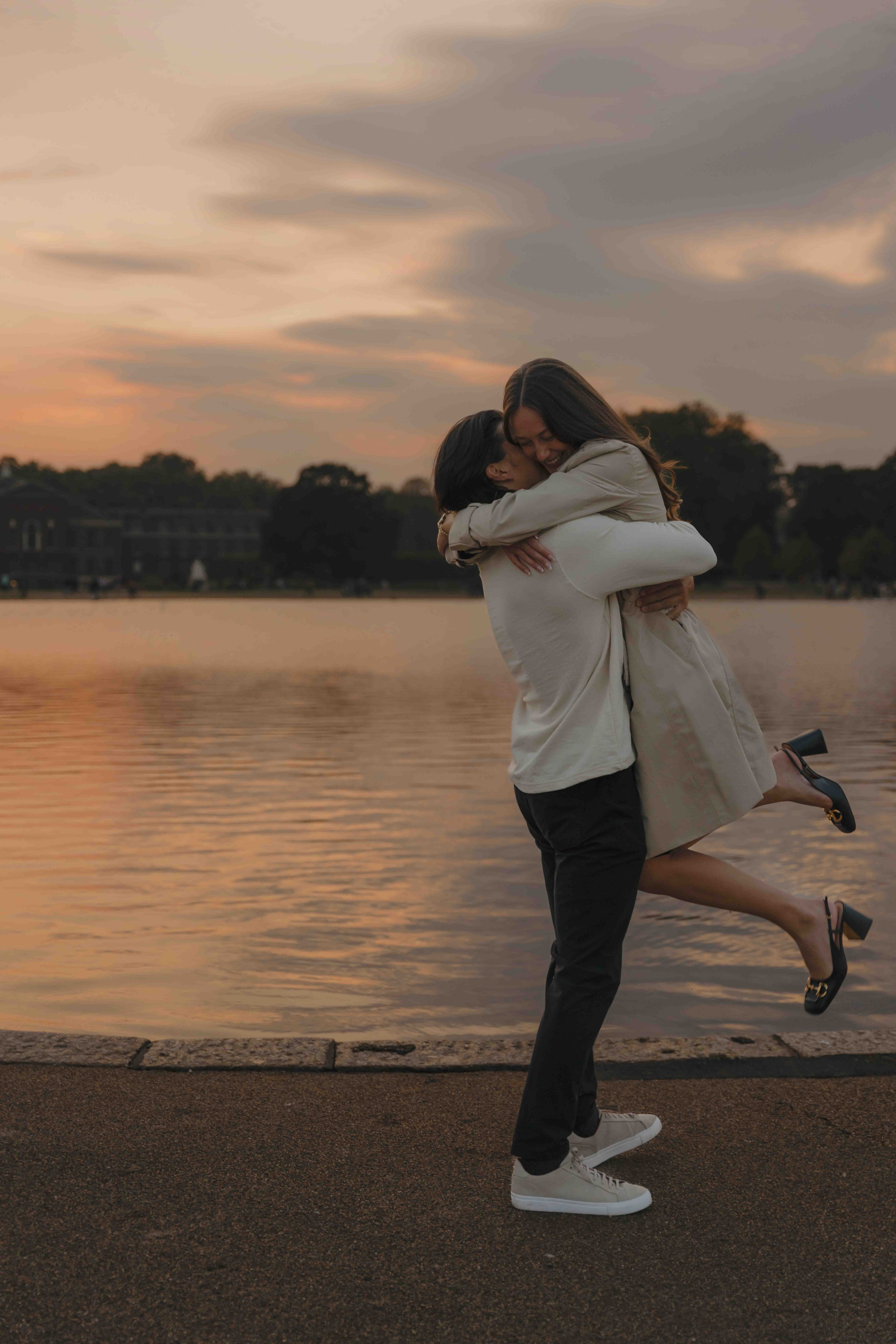 Kensington Gardens London path near lake at sunset proposal location