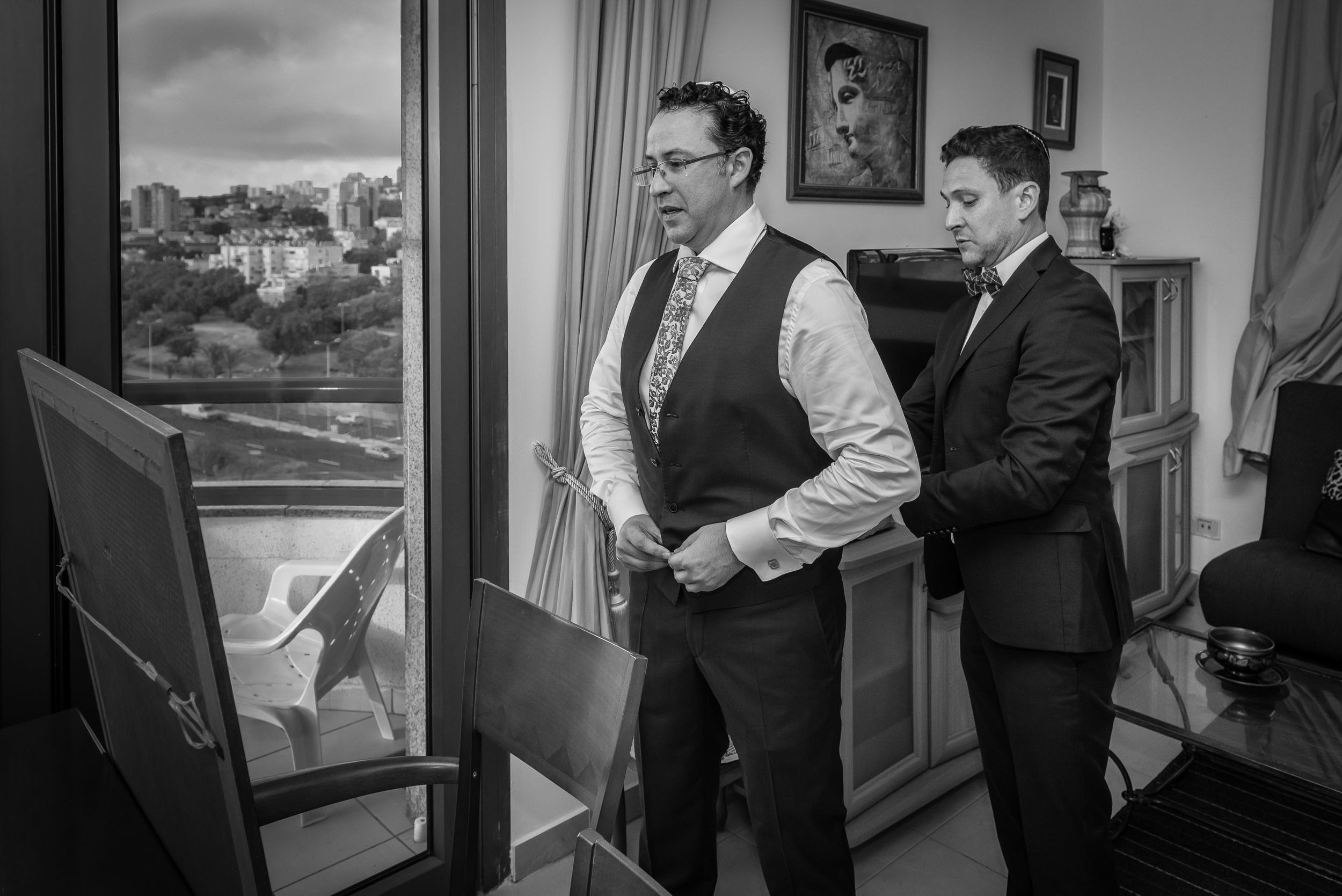 Groom Michael getting ready with his brother at the Leonardo Hotel in Haifa, Israel