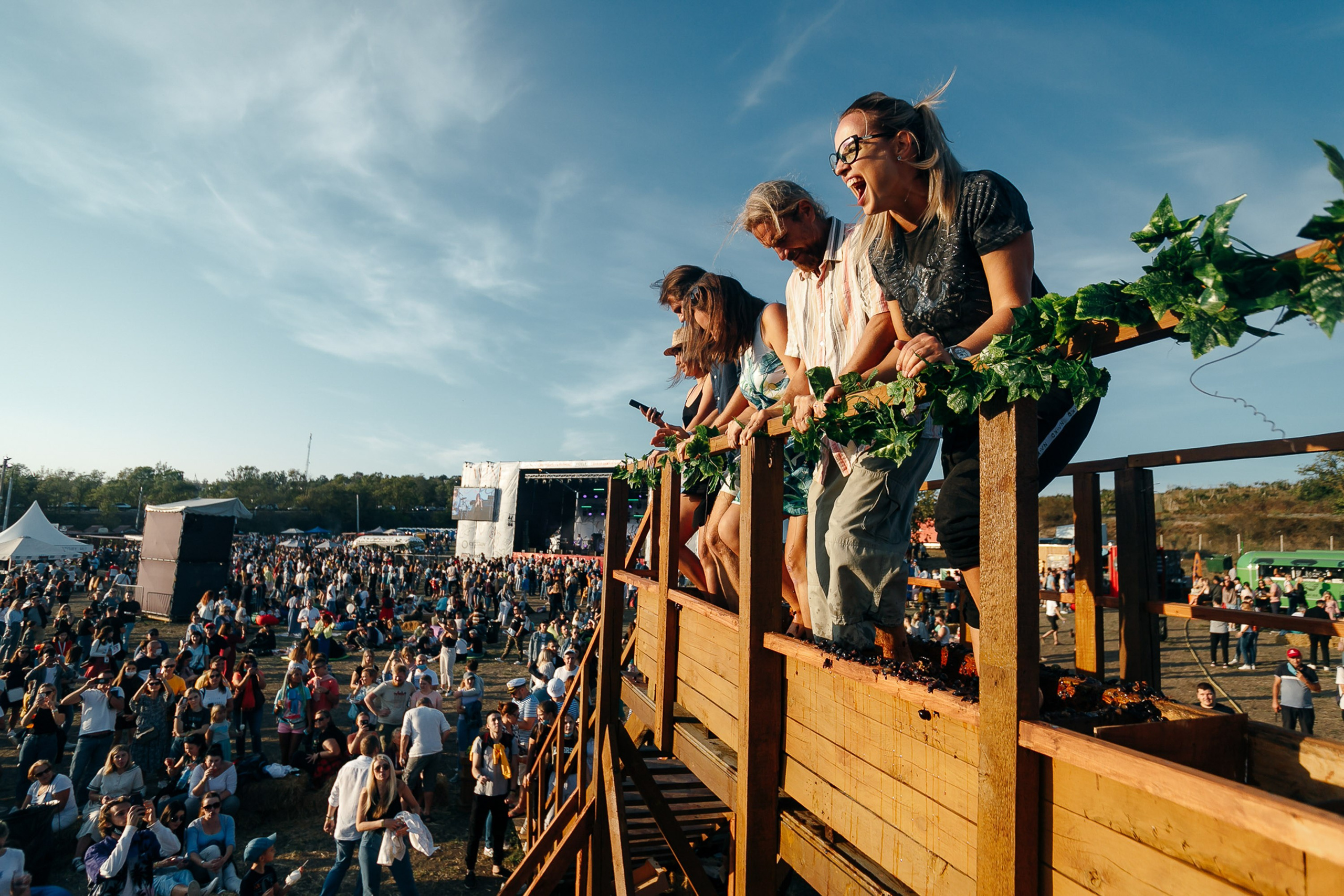 People cheering at festival, hands in the air