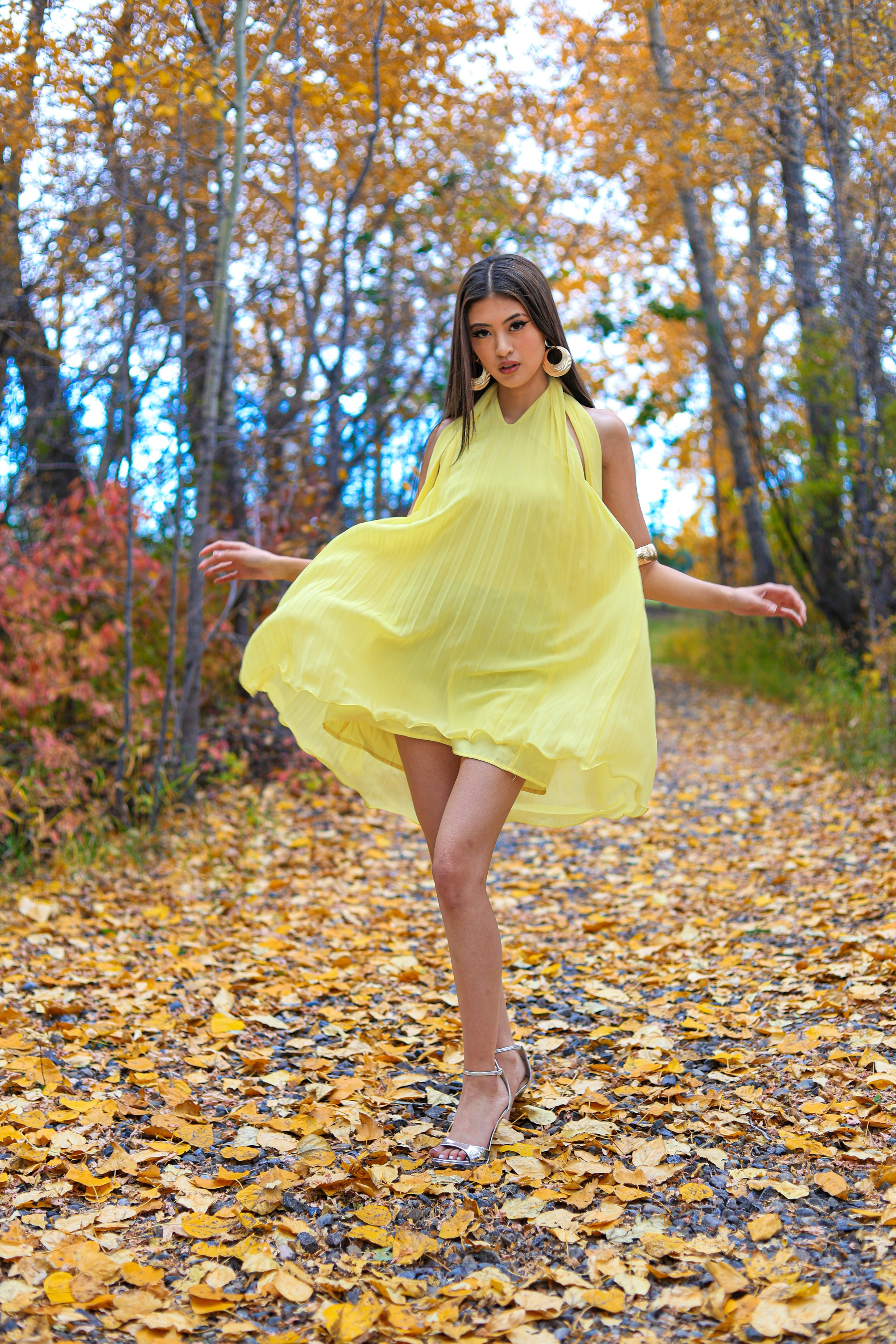 Golden Elegance: Lana Collantes’ Autumn Photoshoot in a Yellow Dress. ProFly.club — Professional aerial filming in Calgary