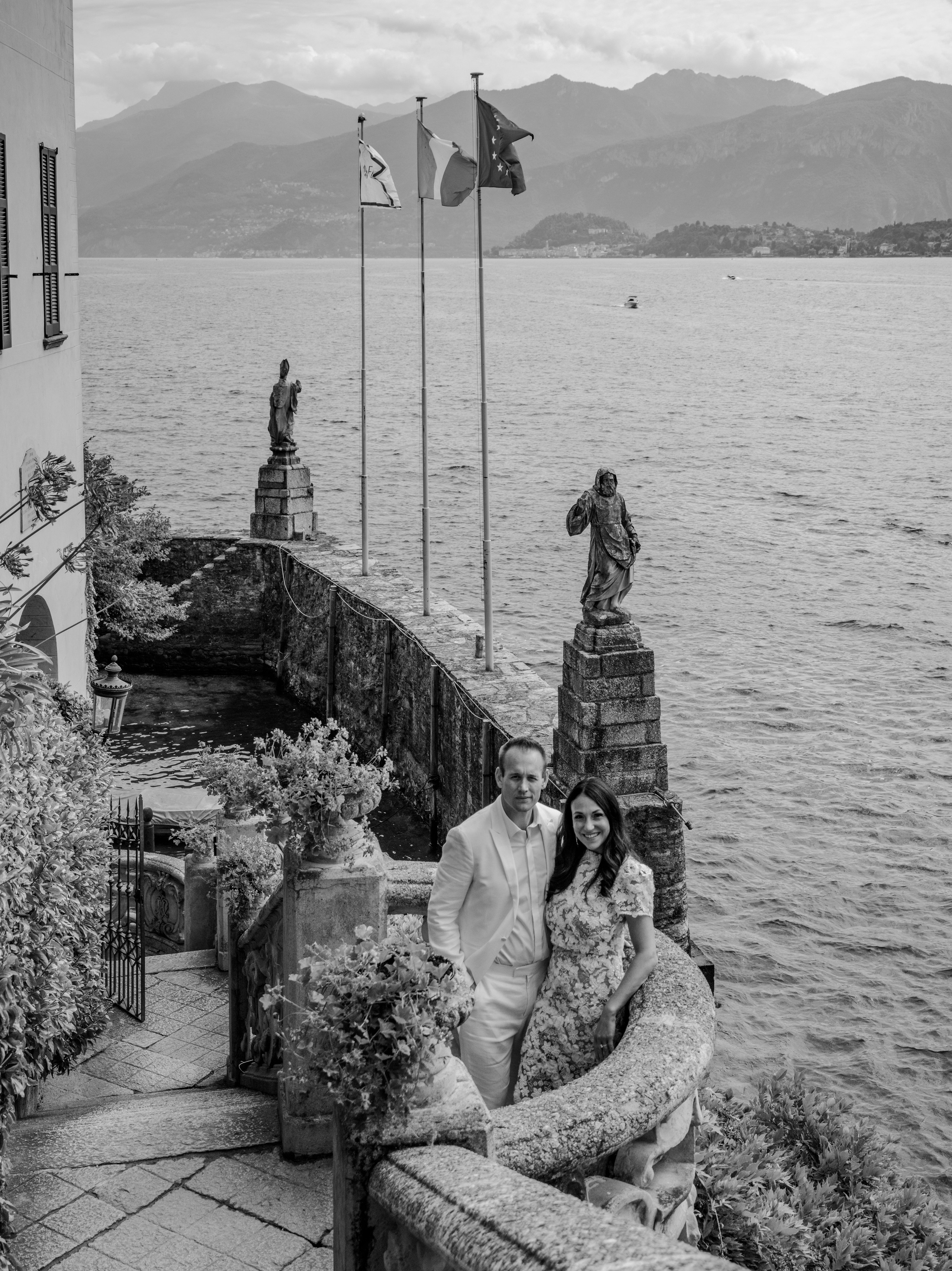 Luxury elopement photography at Villa Balbianello Lake Como with elegant couple portraits and panoramic lake views