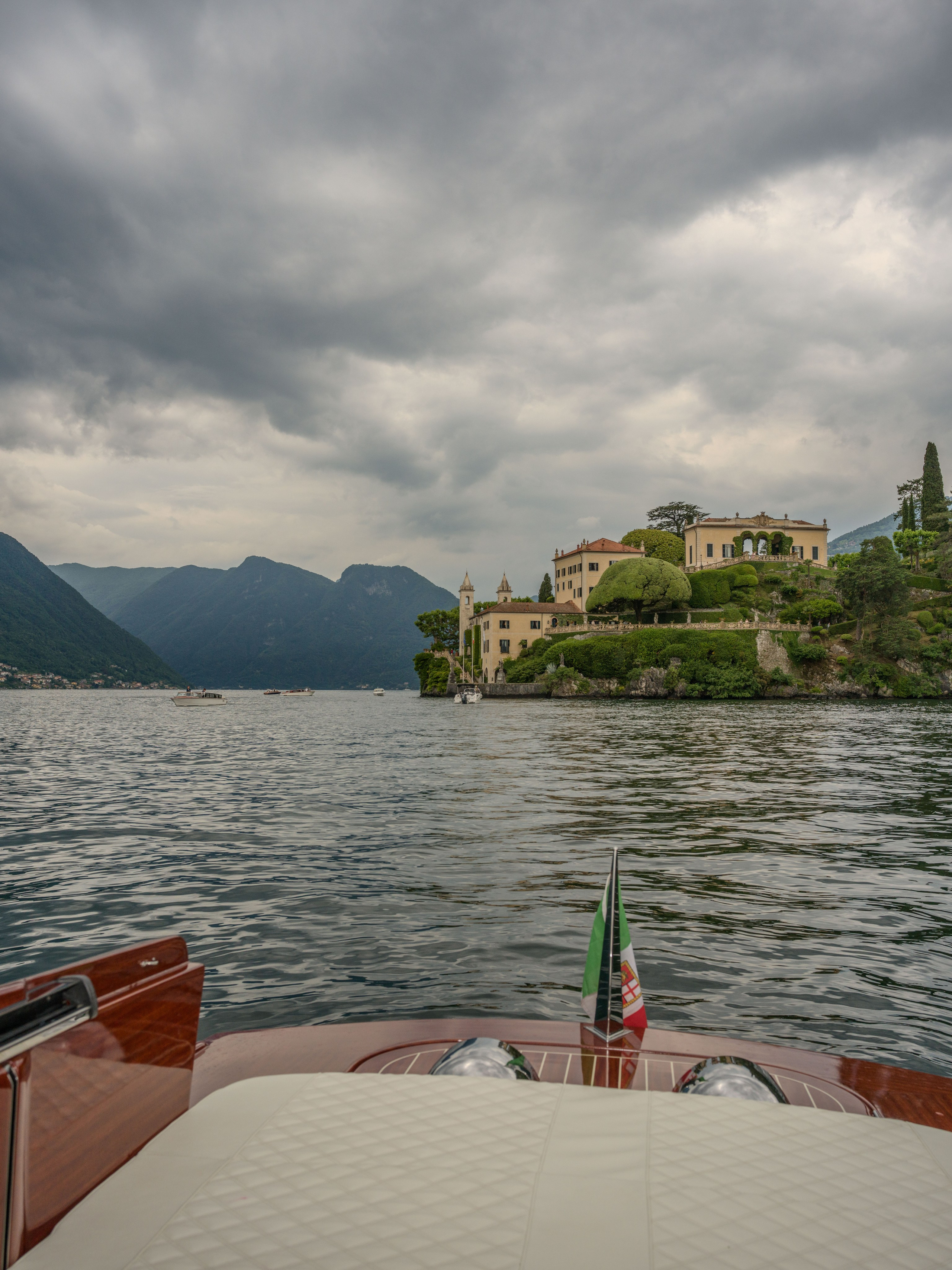 Villa Balbianello gardens and historic architecture overlooking Lake Como in northern Italy