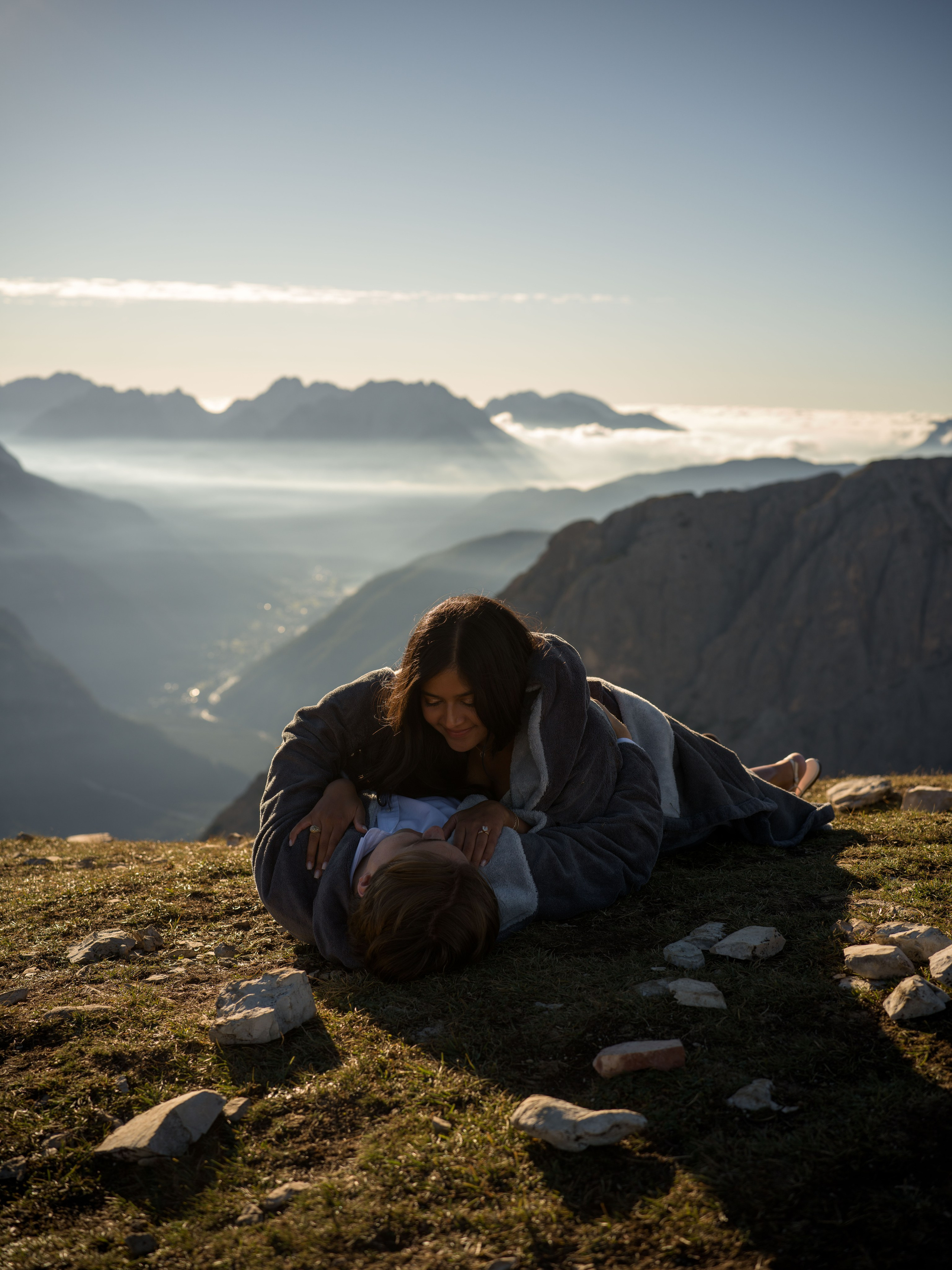Luxury Dolomites proposal photography at Cadini Group, Misurina, combining an intimate couple love story with iconic Tre Cime mountain scenery.