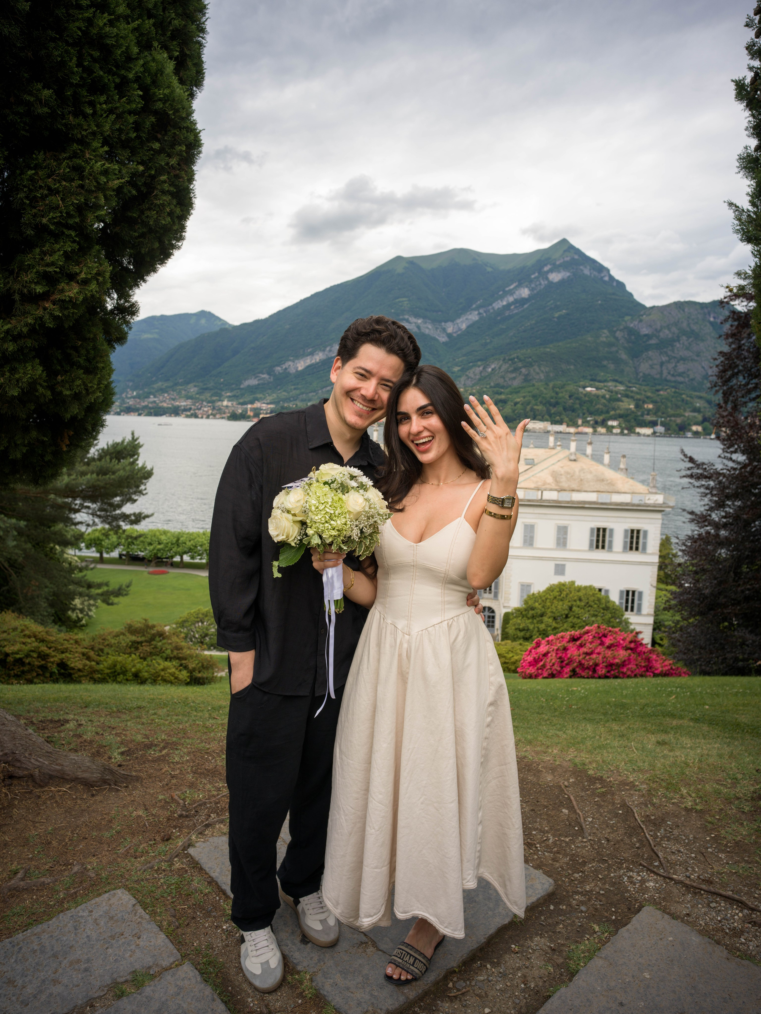 Lake Como Villa Melzi proposal photos with romantic couple portraits in the historic villa gardens and by the lake