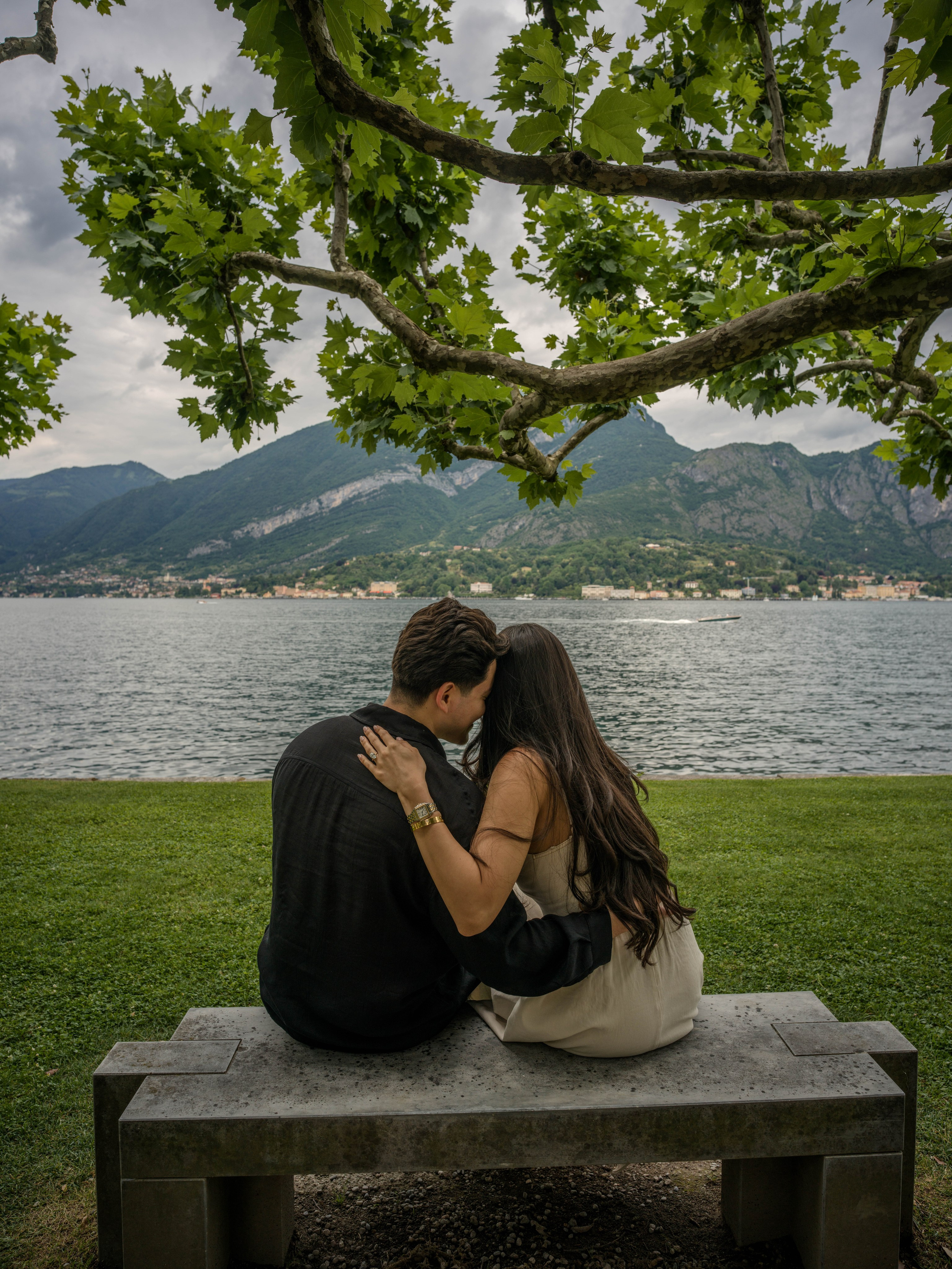 Elegant Villa Melzi proposal photography on Lake Como with intimate moments and panoramic Italian scenery