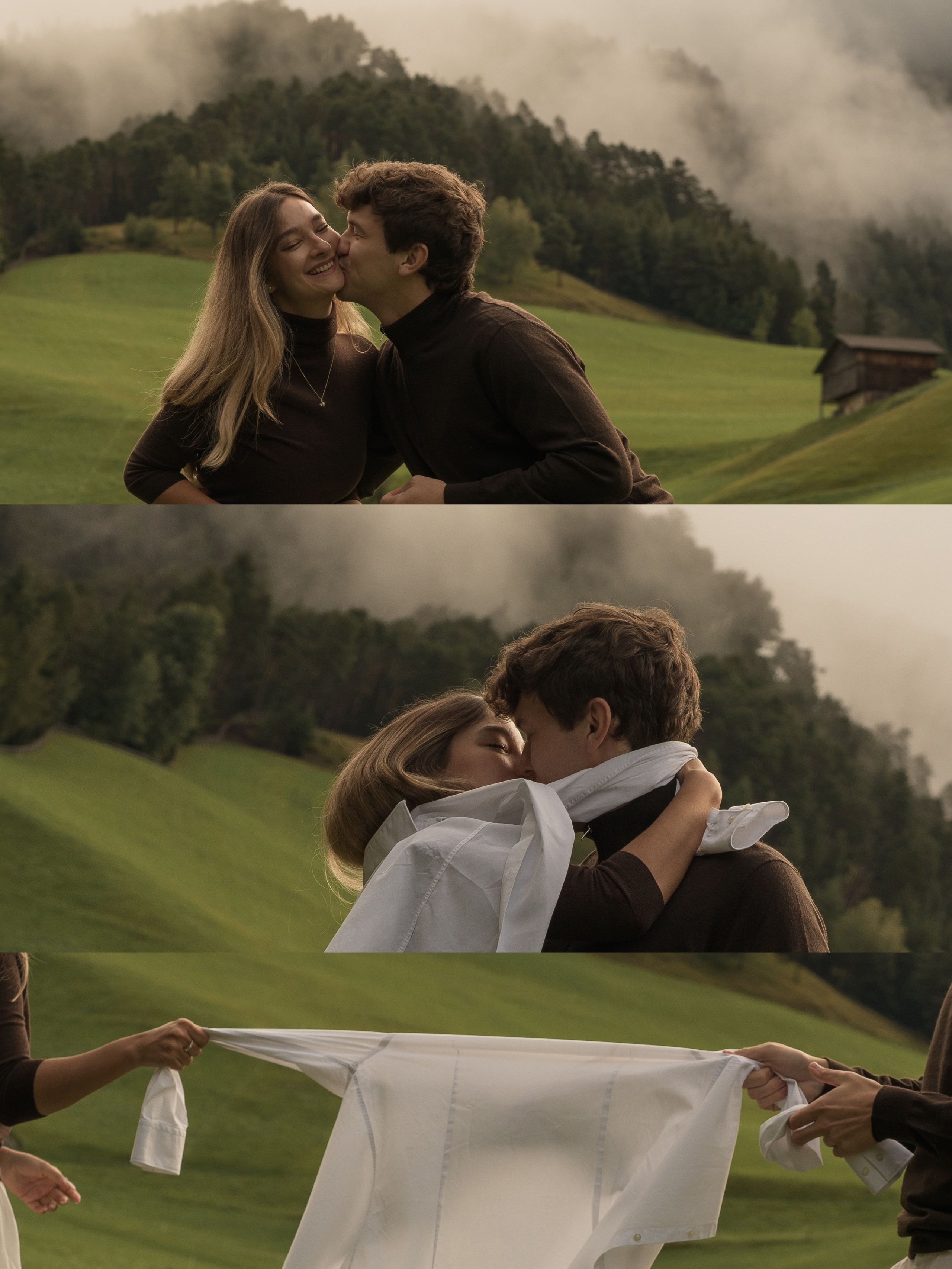 Intimate Santa Maddalena proposal at sunrise, couple surrounded by the Dolomites mountains in Val di Funes, Italy