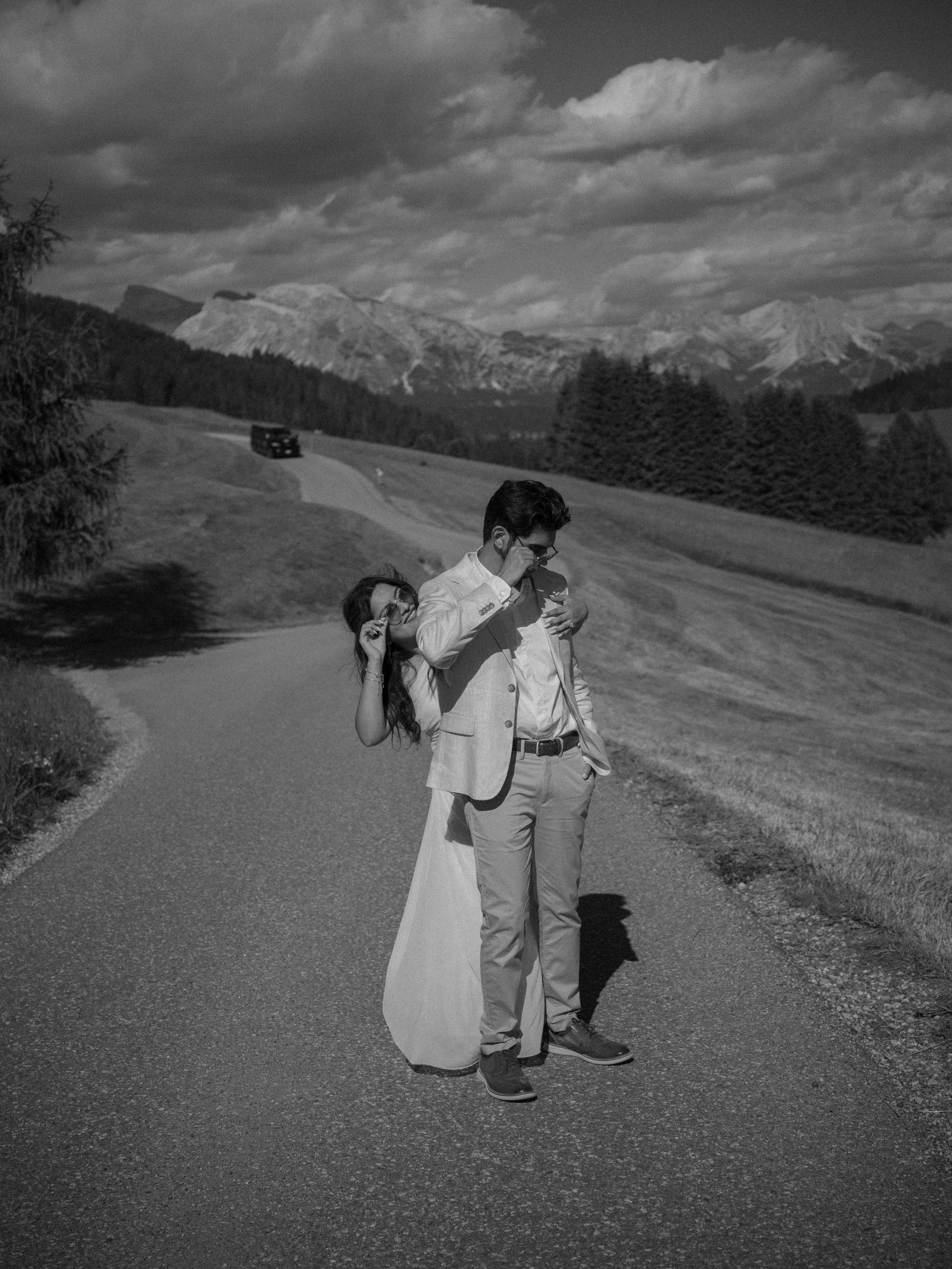 Alpe di Siusi Dolomites sunset proposal with romantic couple portraits and cinematic mountain scenery