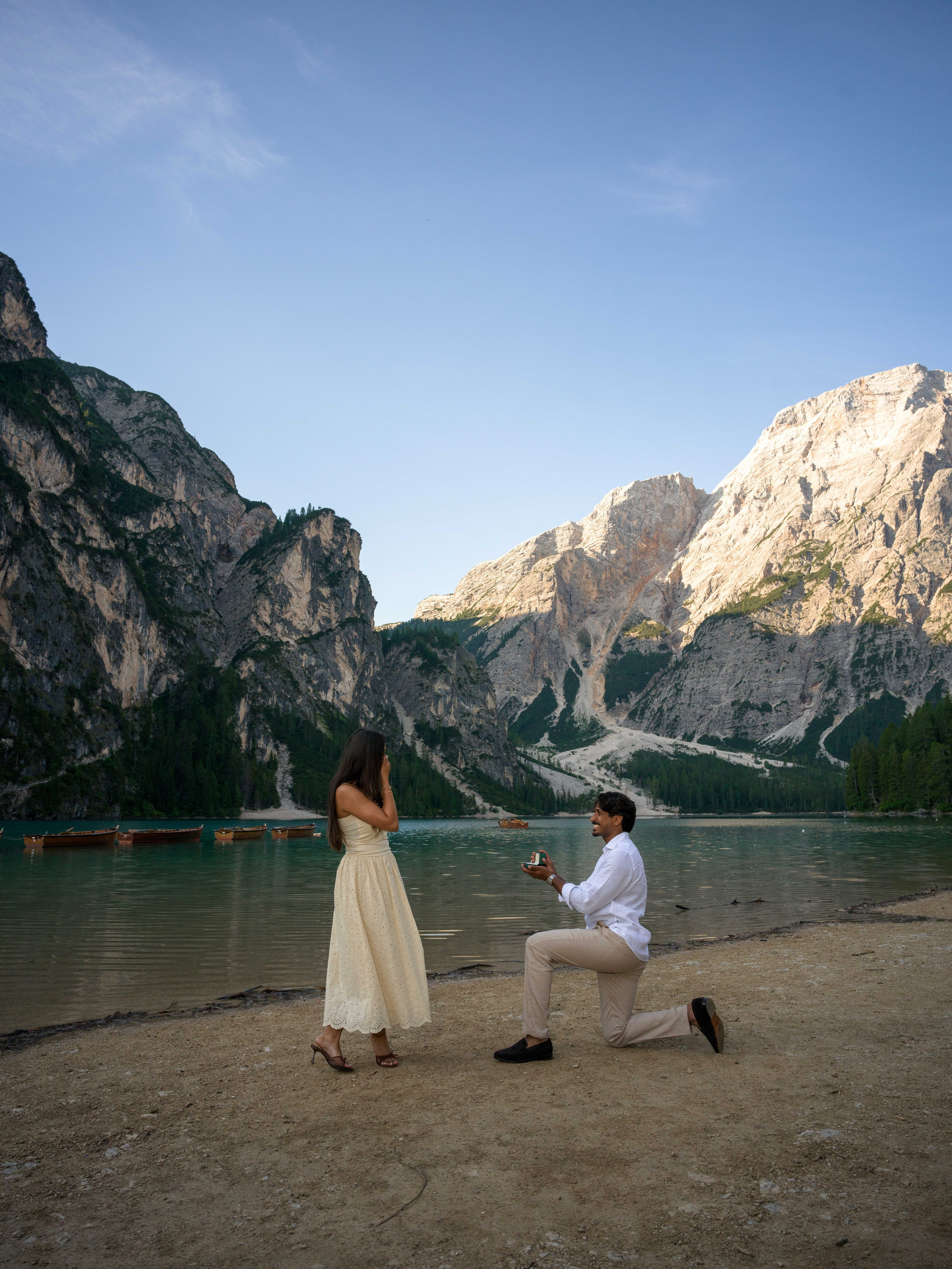 Marriage proposal at Lake Braies in the Dolomites, Italy