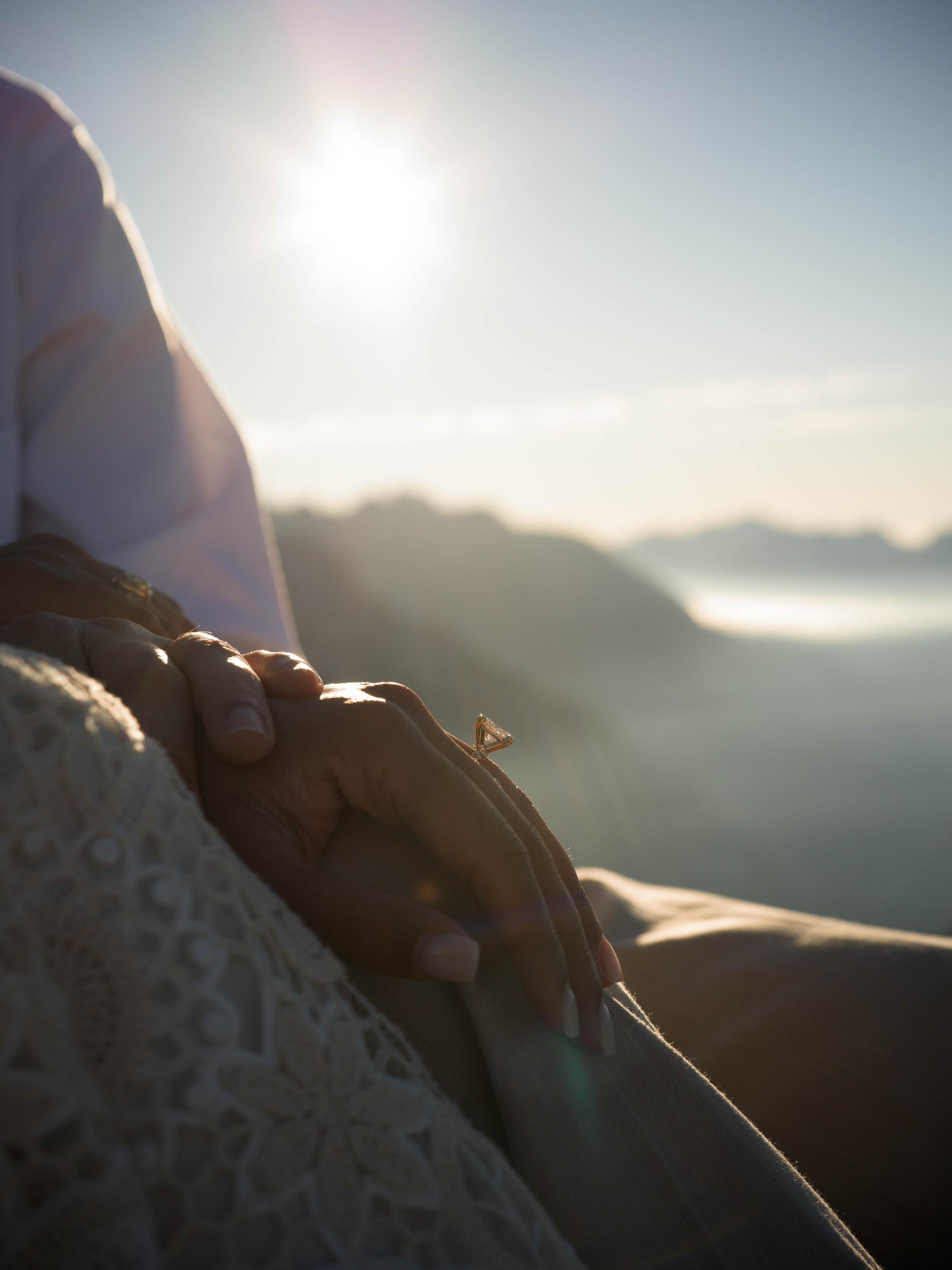 Proposal, Cadini di Misurina, Tre Cime di Lavaredo, Dolomites – engagement ring close-up with sunrise peaks in the background