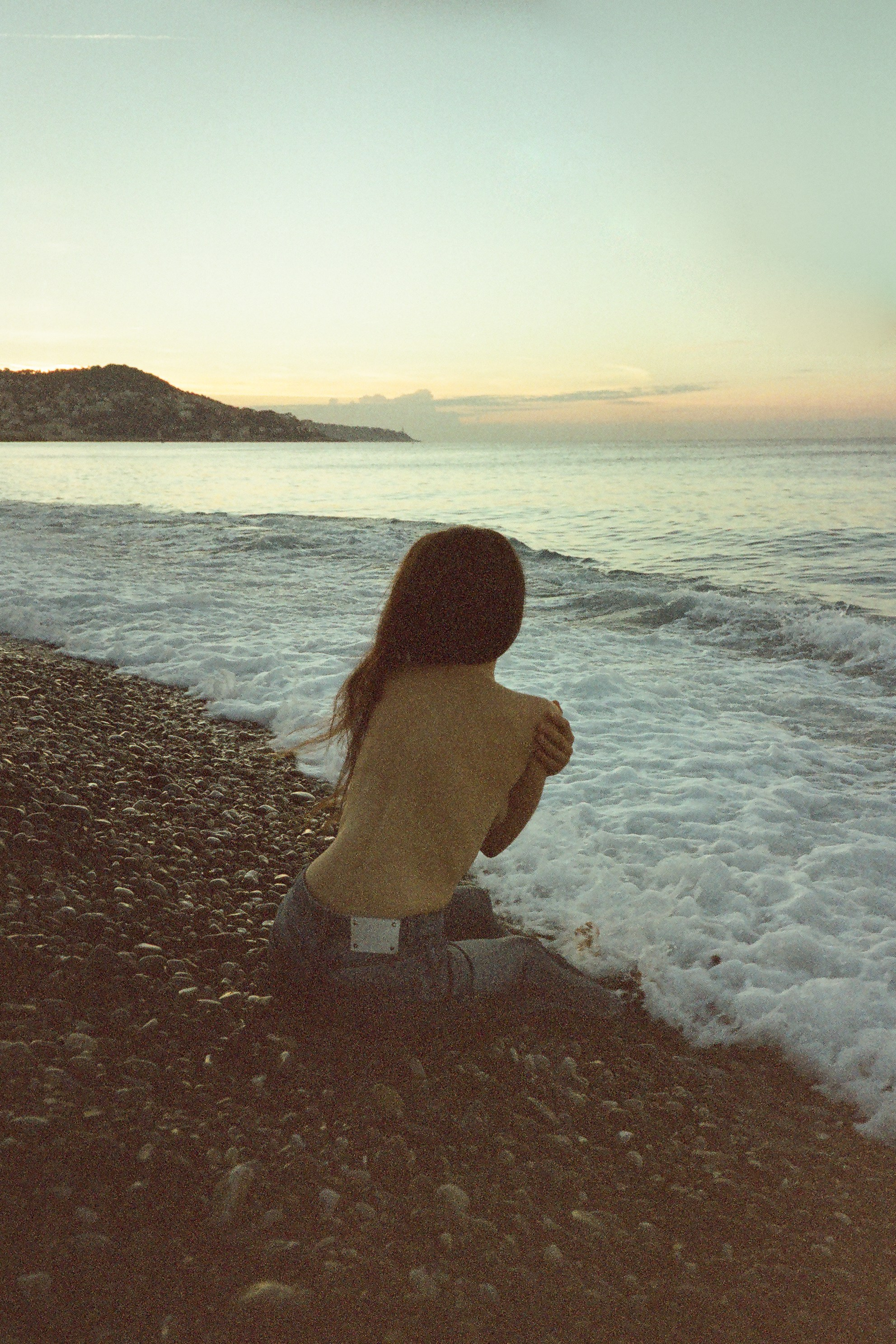 Fine art film photo, Nice, France – close-up portrait in a Rick Owens corset, wet skin and sea at sunrise, mermaid look