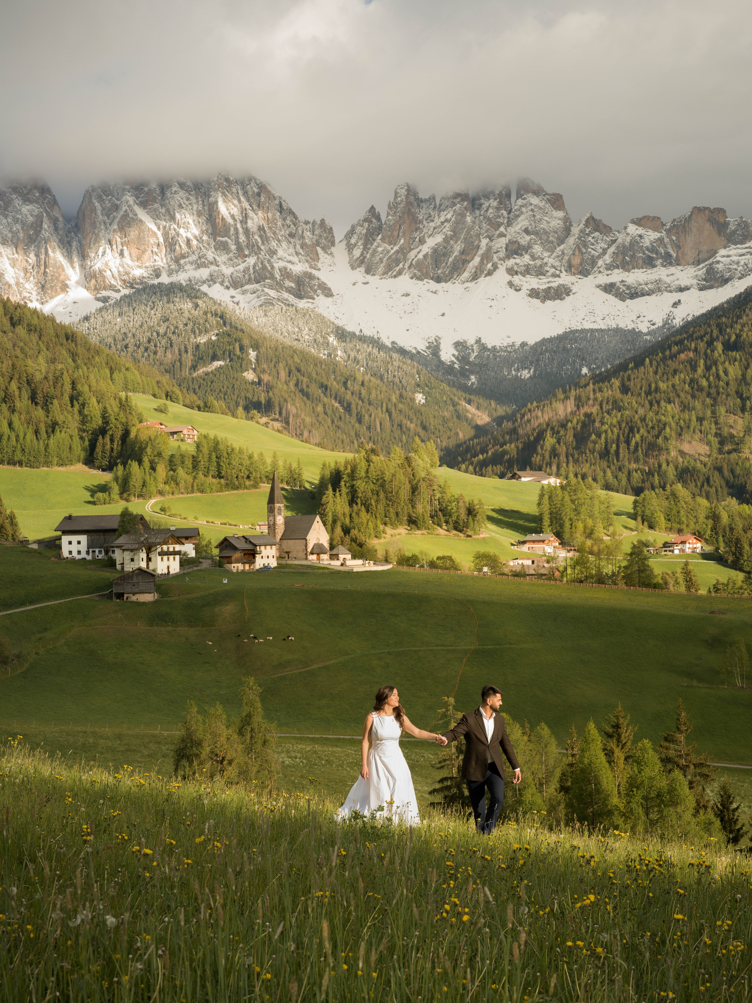 Marriage proposal at Santa Maddalena in the Dolomites, Italy
