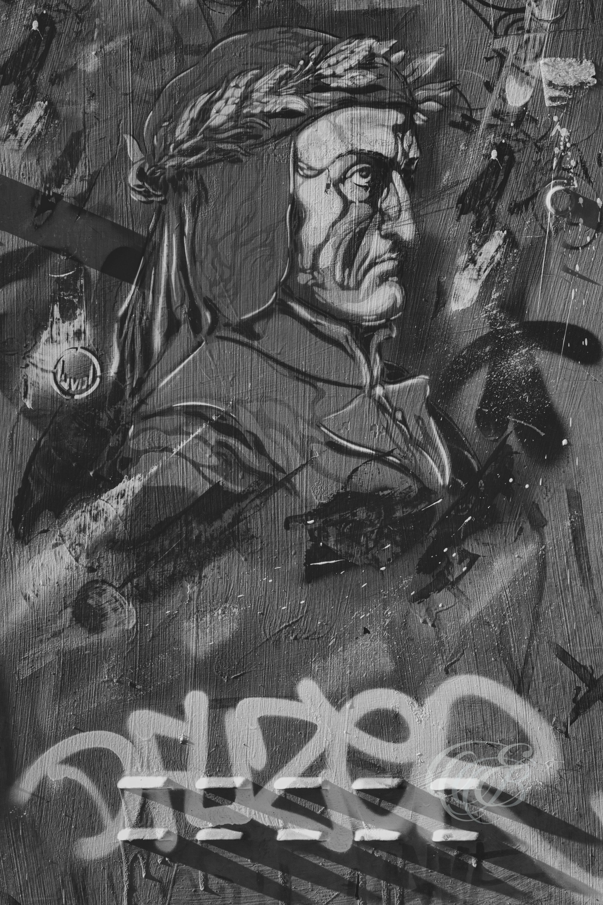 Florence Italy - Dante Alighieri Graffiti - B&W - Eduardo Bartoli Fine Art Photography - Black-and-white photograph of a graffiti depiction of Dante Alighieri in Florence, Italy – fine art photography by Eduardo Bartoli.