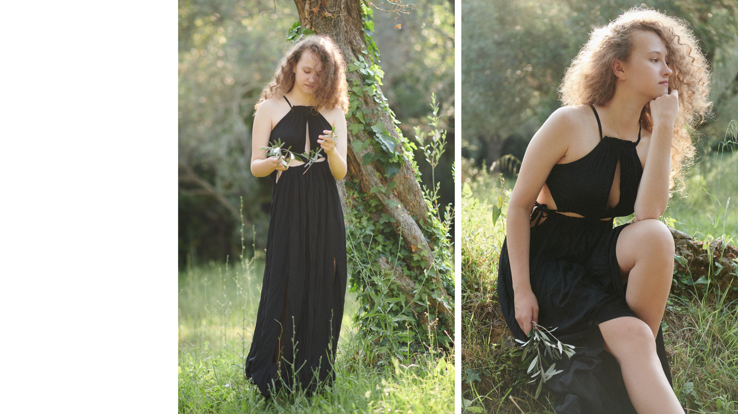 Fashion campaign for a clothing brand, photographed in a forest  in natural light
