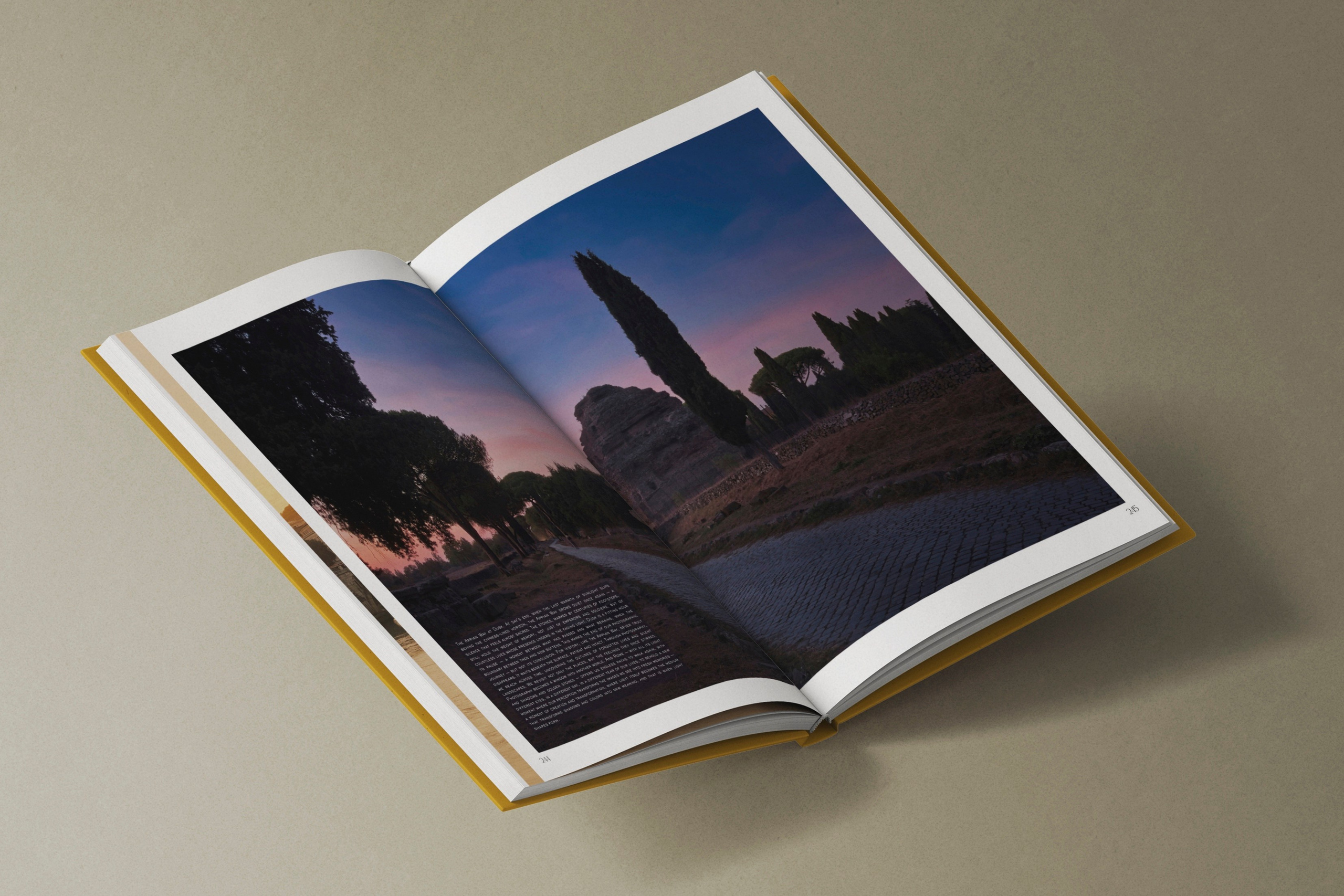 Rome, Italy – Photography Book – Rome — When Light Shapes Form – Open hardcover photography book displaying a panoramic photograph of Rome at sunset across a two-page spread – Eduardo Bartoli Photography