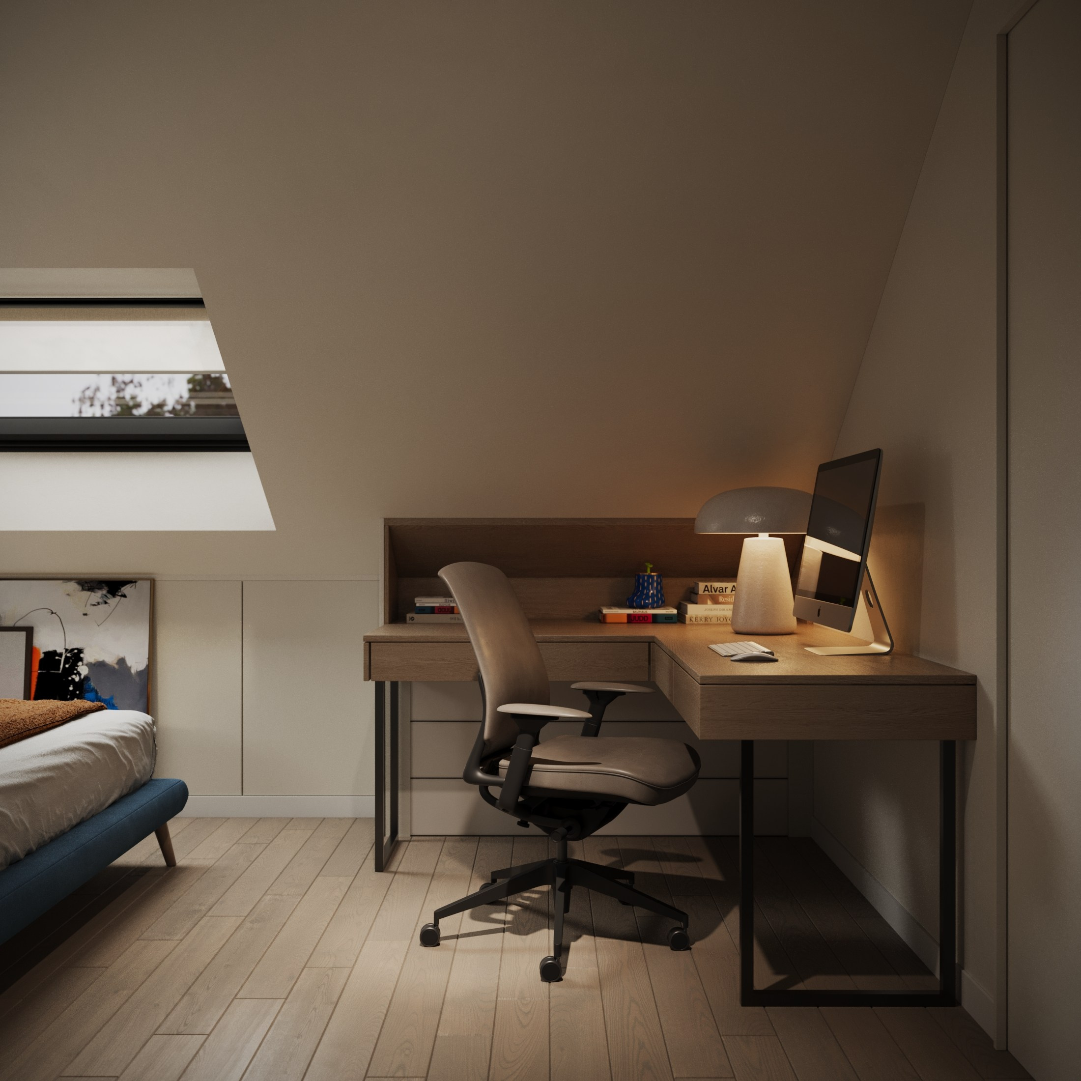 Attic room. Interior and object 3D visualization