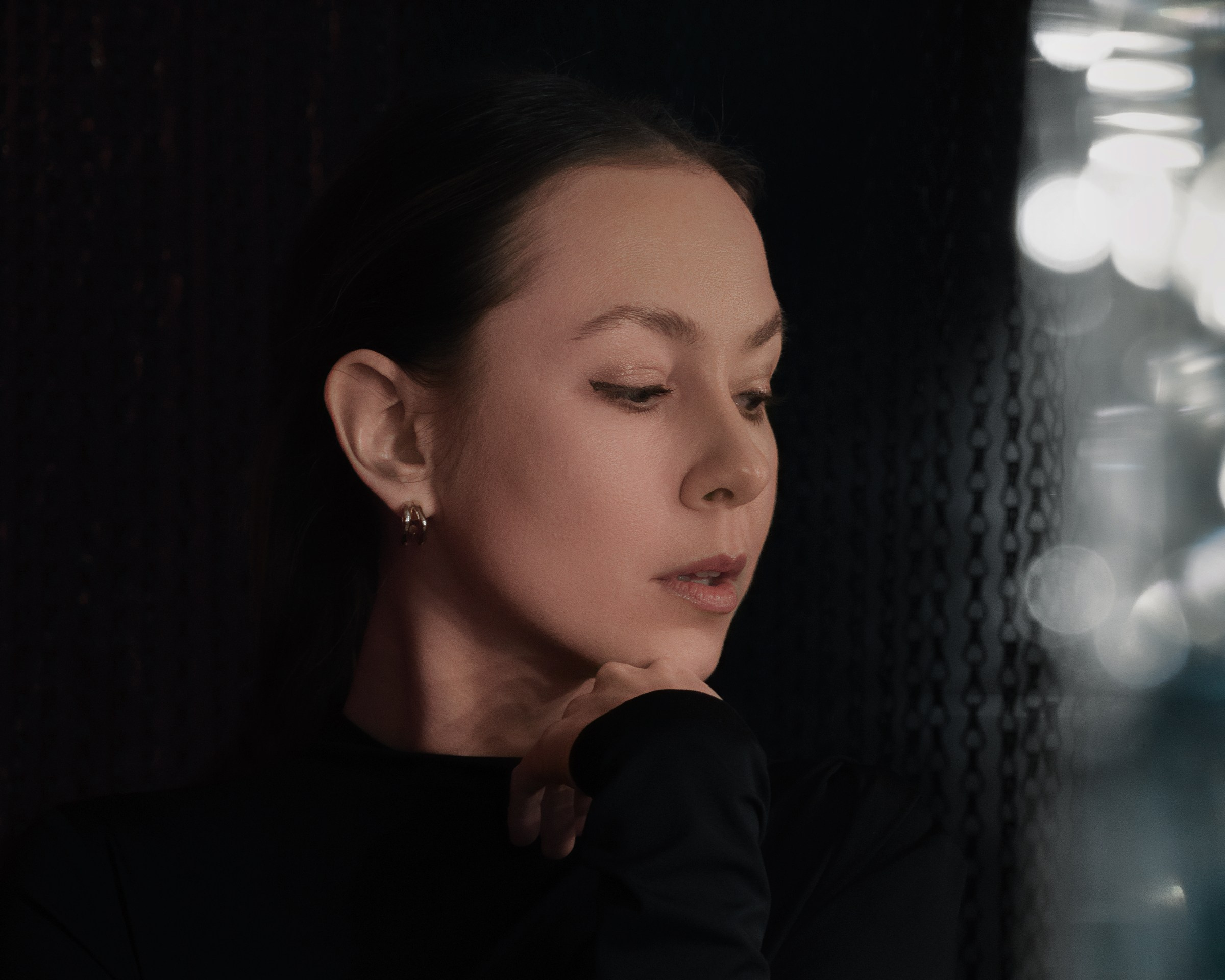 Low key female portrait with soft side light, artistic portrait photography, Slon Club in Sofia