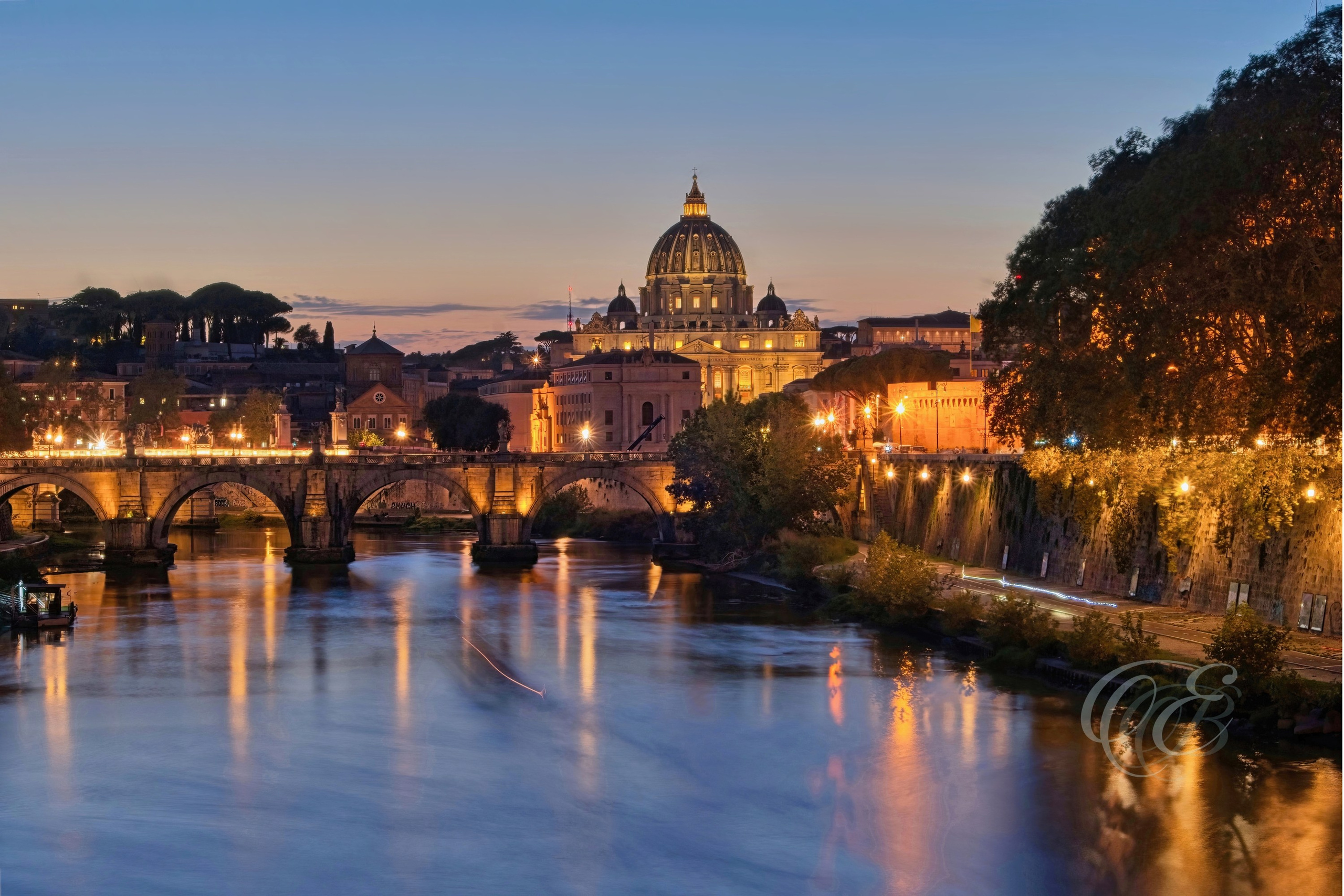 Rome Italy - Sunset at The Ponte Sant'Angelo & St. Peter's Basilica - Eduardo Bartoli Fine Art Photography - Sunset at Ponte Sant’Angelo with St. Peter’s Basilica in Rome, Italy – fine art photography by Eduardo Bartoli.